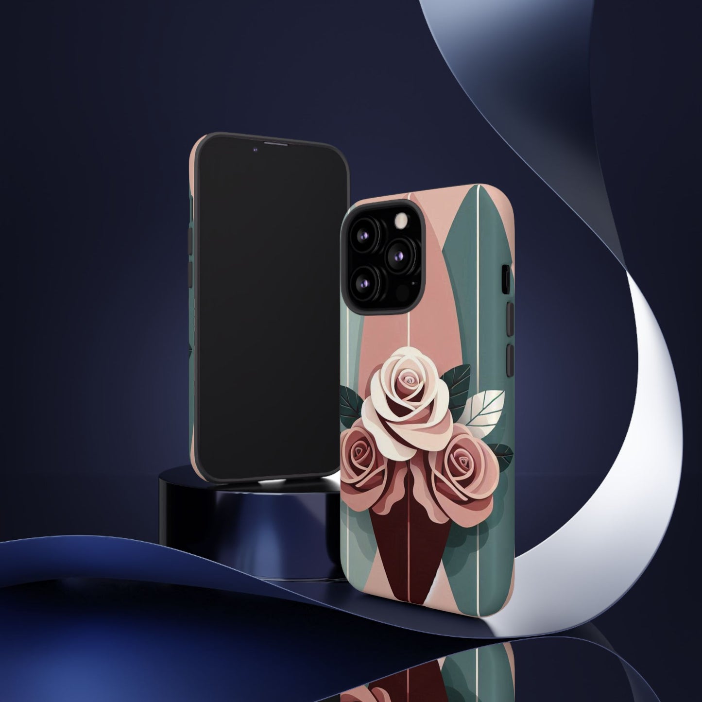 Phone Case - Burgundy, Matte Mauve & Teal Surfboard & Roses Design