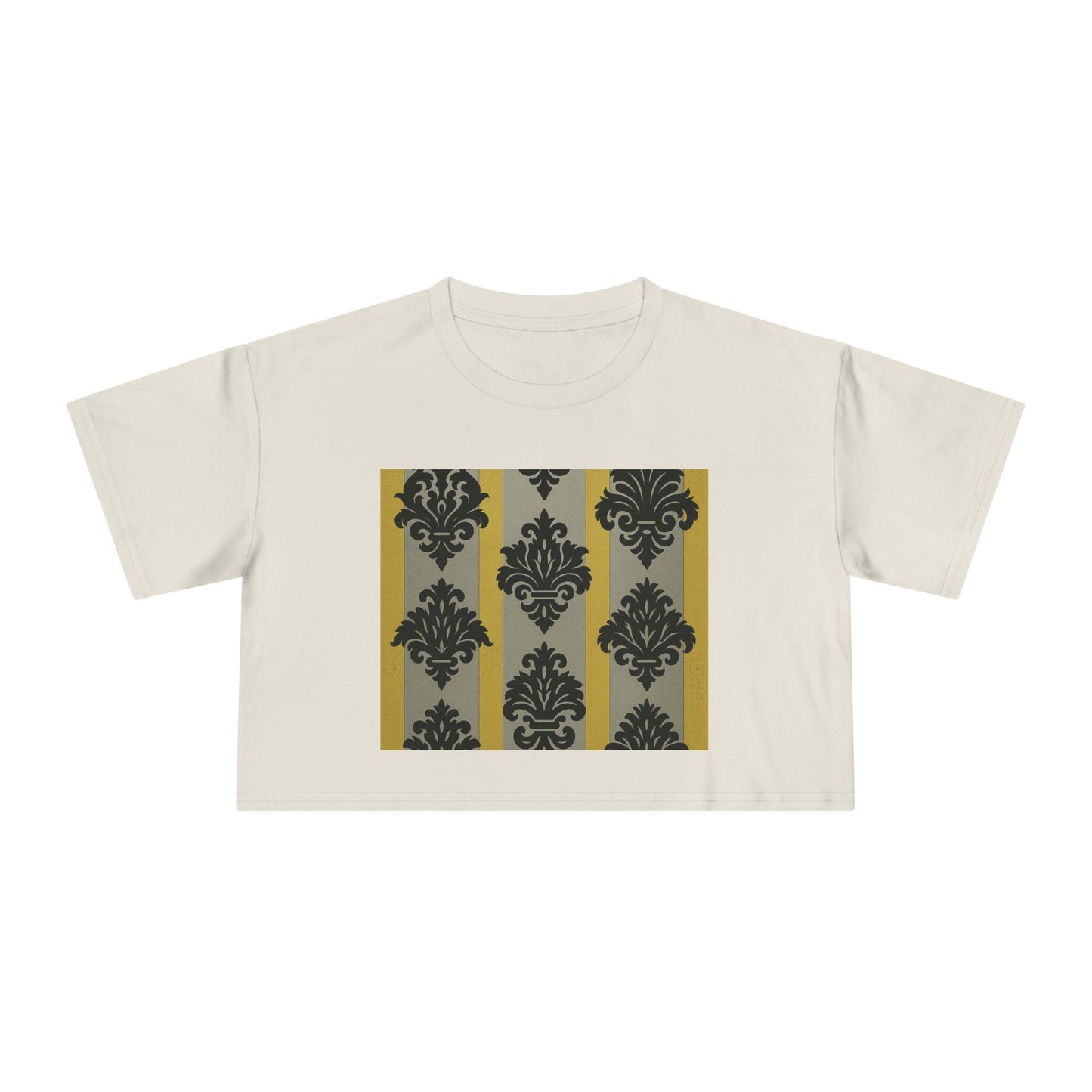 Chic Vintage Crop Tee | Stylish Women's Tee for Casual Outings, Gifts, Festivals, Layering, Everyday Wear - Silver & Gold Striped Black Baroque