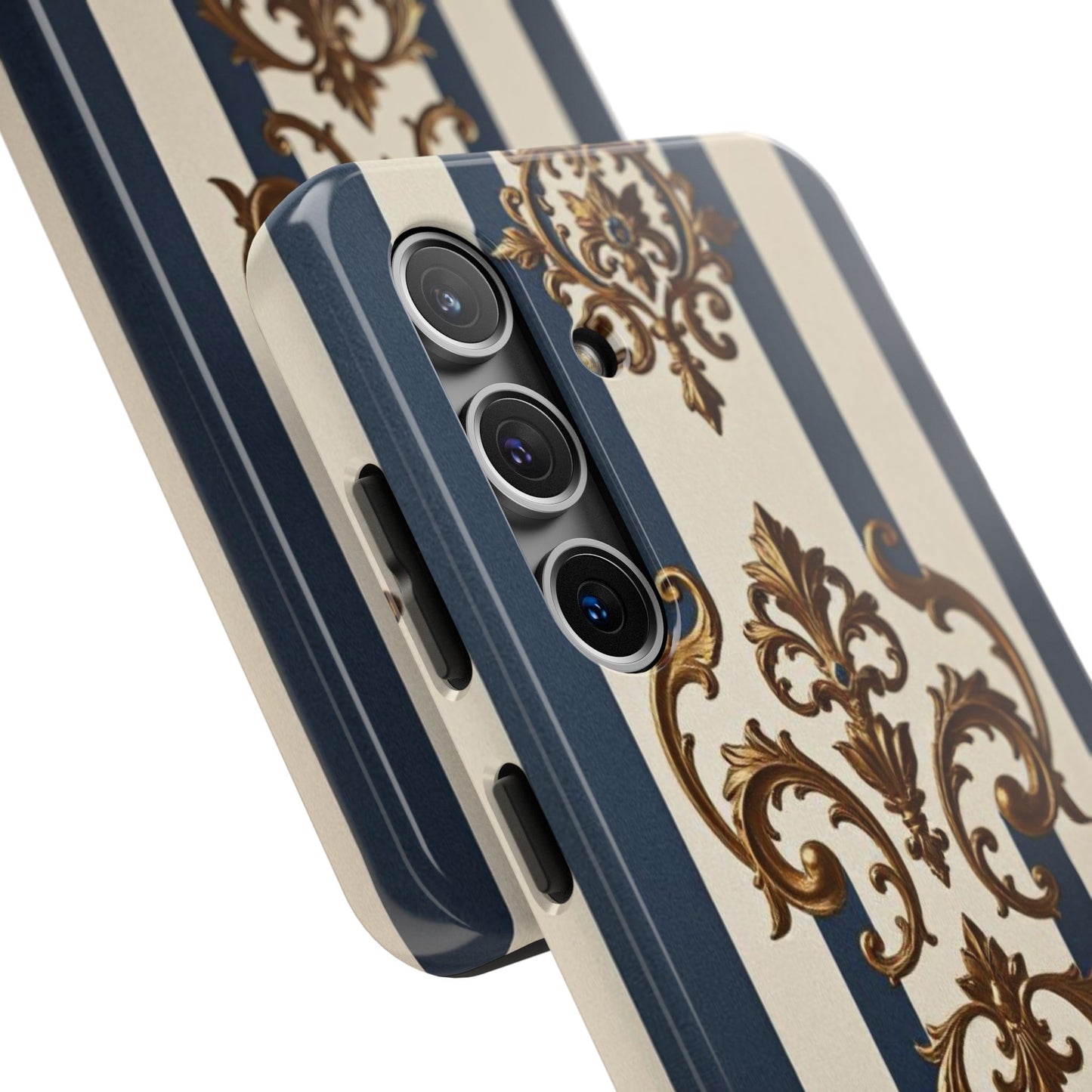 Damask Tough Phone Case - Alabaster & Blue Striped Damask