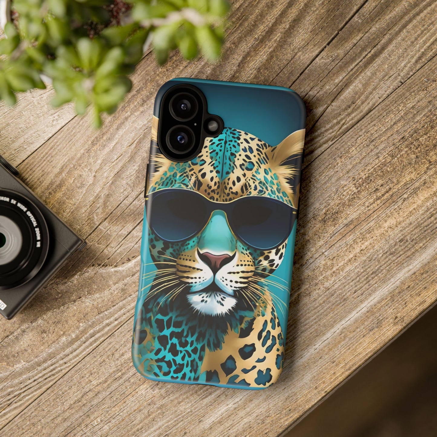 Phone Case - Aqua & Gold Leopard In Sunglasses Design