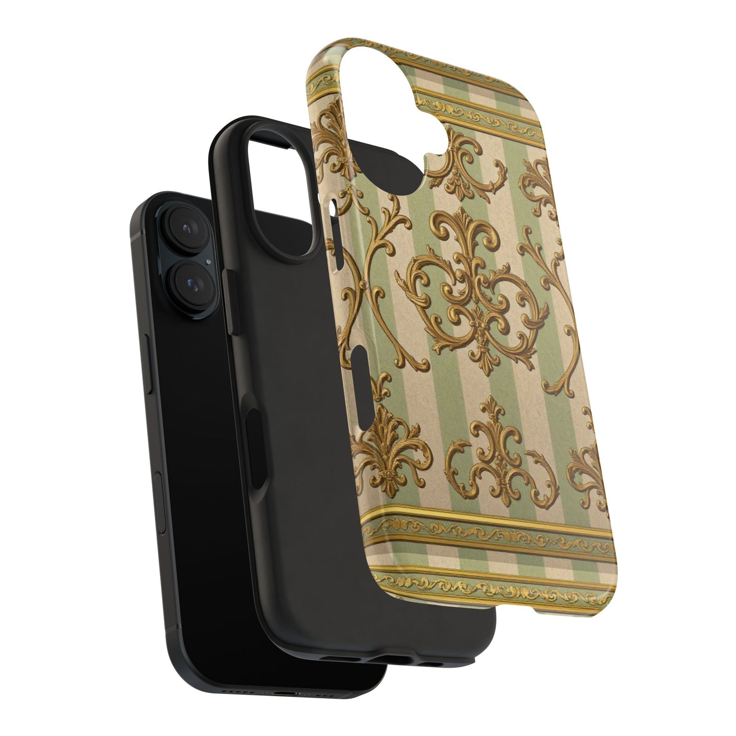 Vintage Elegance Phone Case, Tough Phone Cases for Style, Gift for Birthdays, Stylish Protection - Mint Green & Beige Striped Gold Baroque