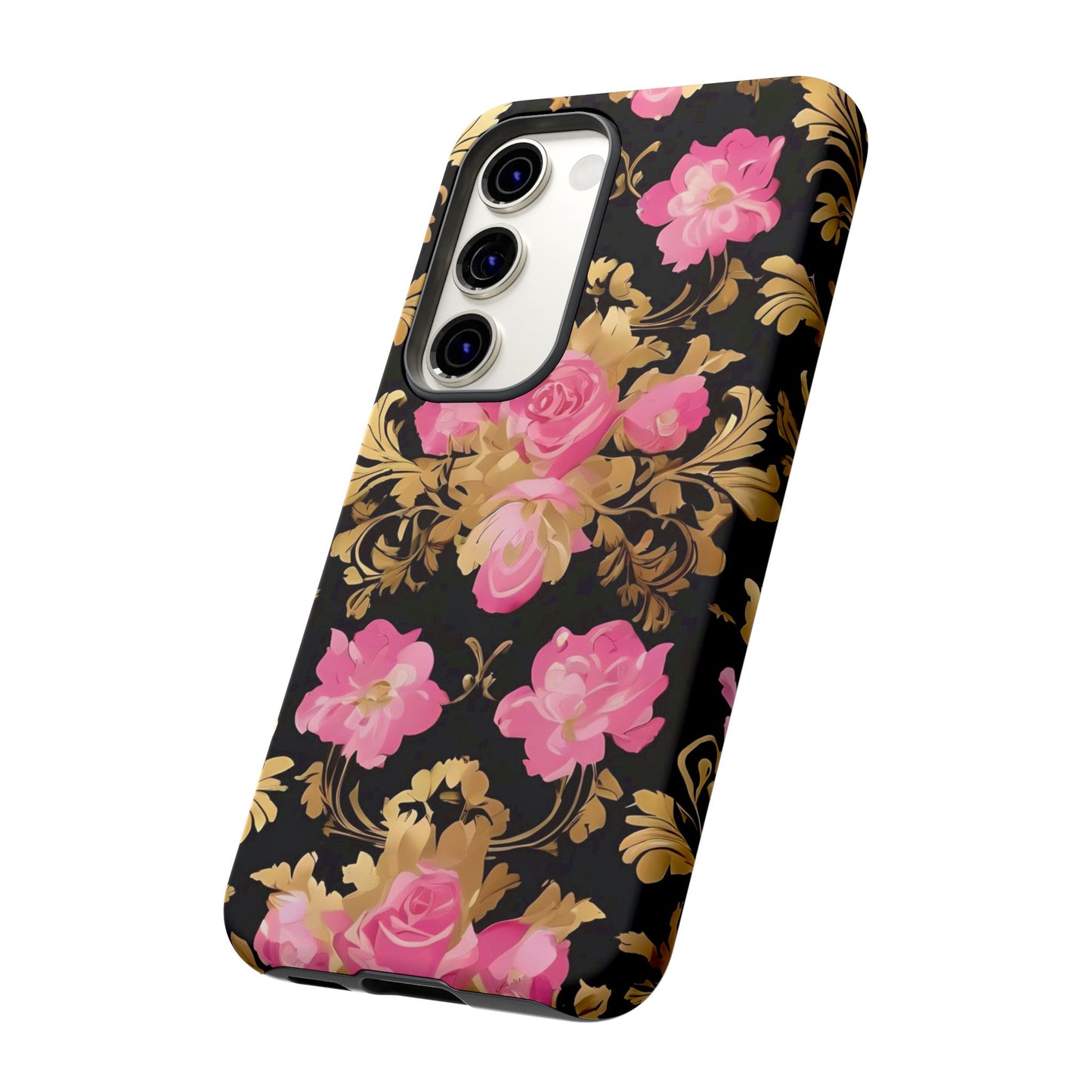 Elegant Floral Motif Phone Case - Tough Cases with Vintage Design - Pink & Gold Roses