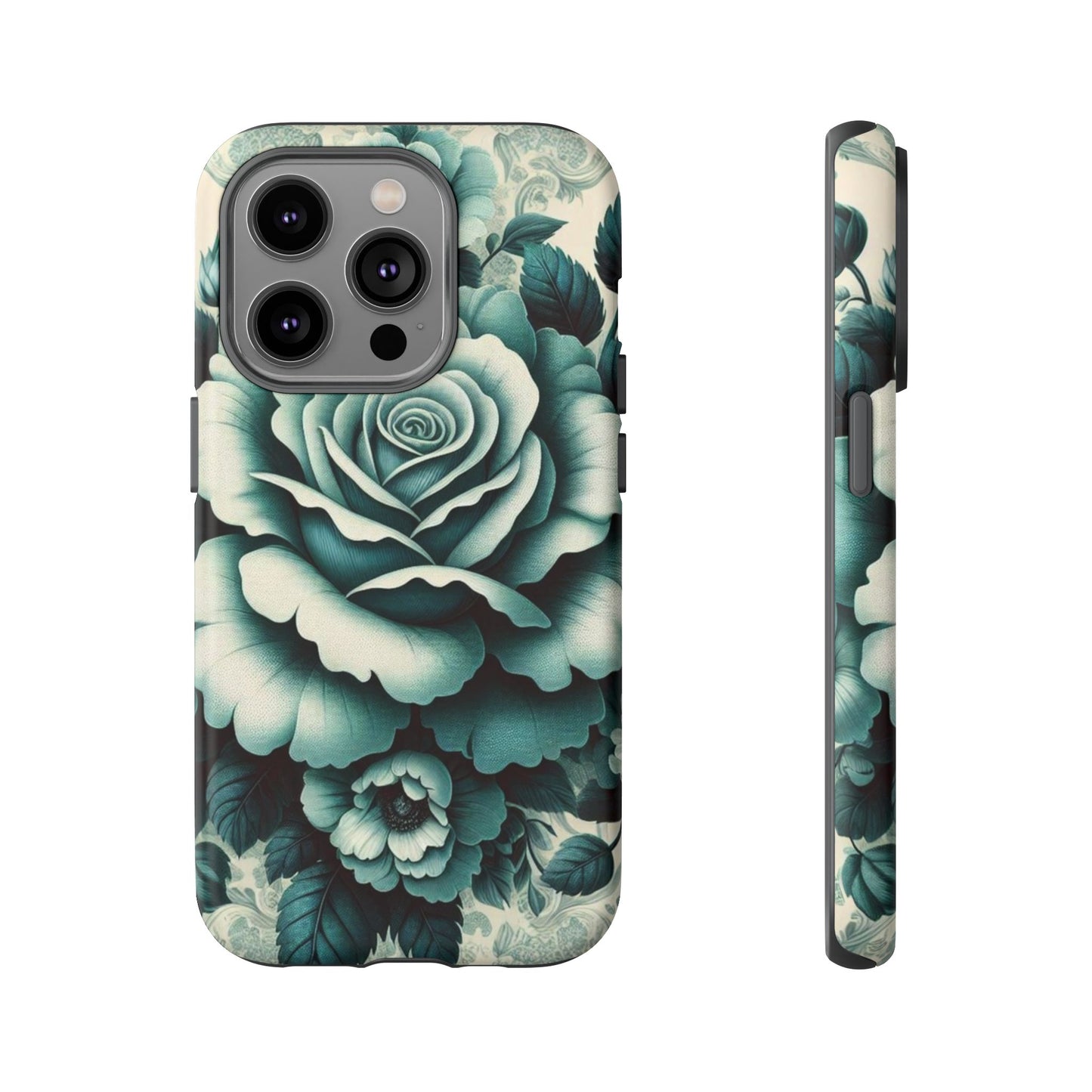 Elegant Floral Motif Phone Case - Tough Cases with Vintage Design - Teal Roses & Damask