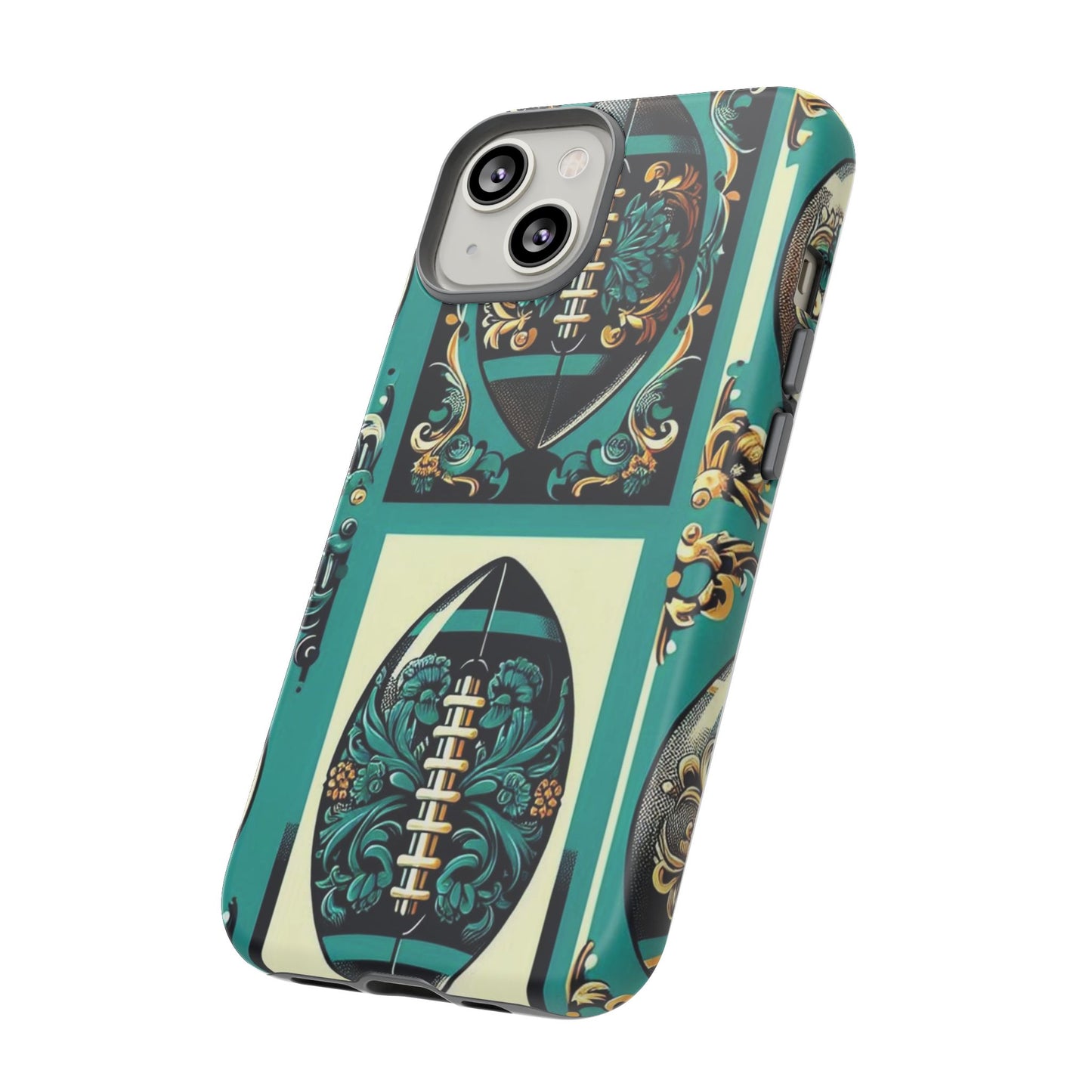 Elegant Floral Motif Phone Case - Tough Cases with Vintage Design -  Damask Teal, Gold & Black Footballs