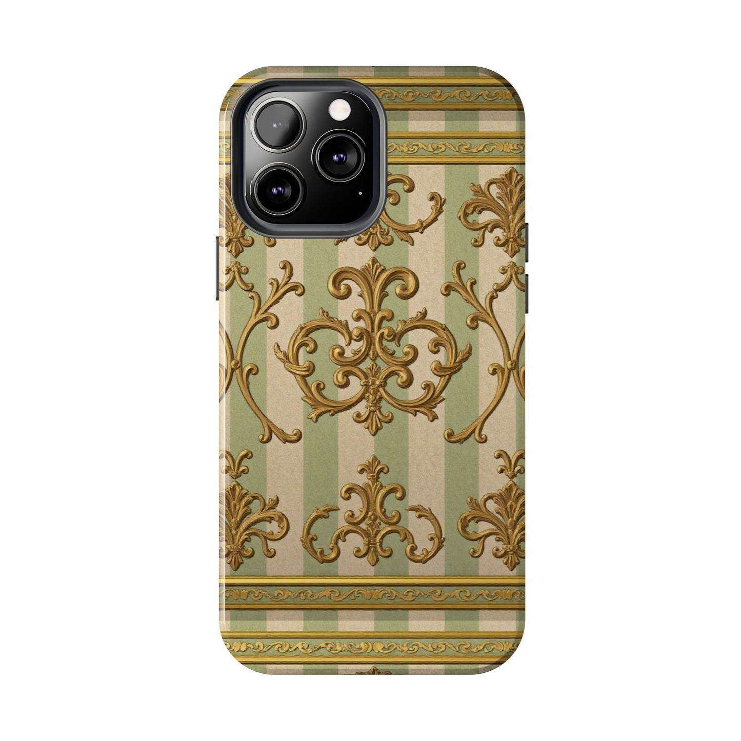 Vintage Elegance Phone Case, Tough Phone Cases for Style, Gift for Birthdays, Stylish Protection - Mint Green & Beige Striped Gold Baroque