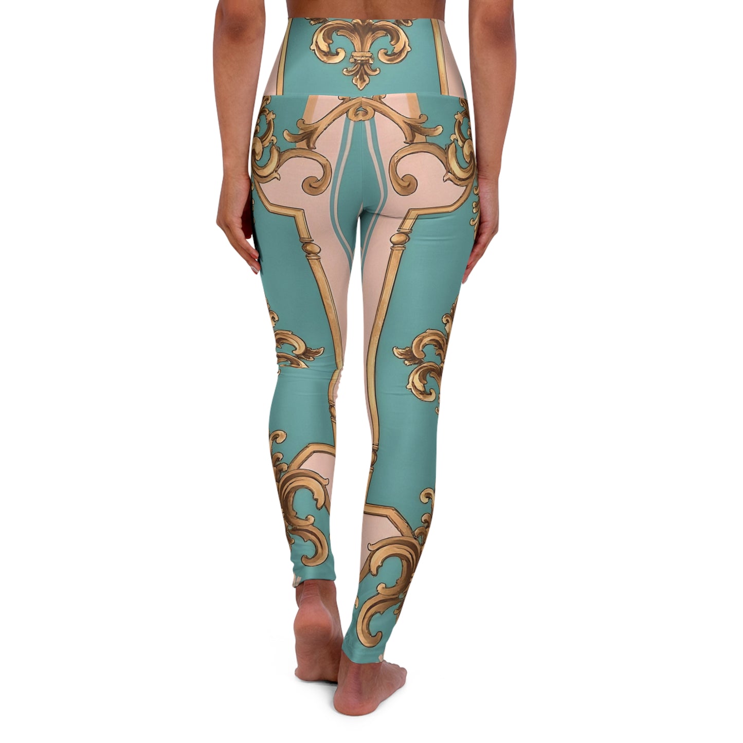 Elegant High Waisted Yoga Leggings - Chic Activewear, Comfortable Workout Pants, Fashionable Leggings - Pink & Matte Turquoise Striped Rococo