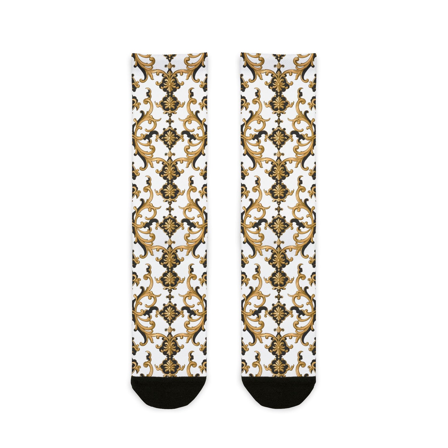 Stylish Sublimation Crew Socks, Trendy Footwear Gift, Unique Fashion Accessory, Cozy Home Wear, Perfect for Gifting - Black & Gold Rococo