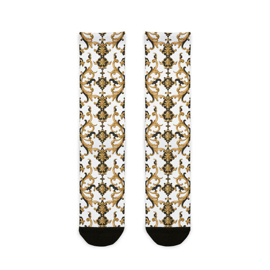 Stylish Sublimation Crew Socks, Trendy Footwear Gift, Unique Fashion Accessory, Cozy Home Wear, Perfect for Gifting - Black & Gold Rococo