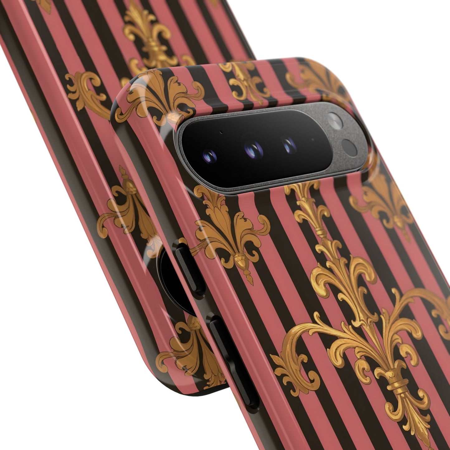 Elegant Floral Motif Phone Case - Tough Cases with Vintage Design - Mauve Striped Gold Damask