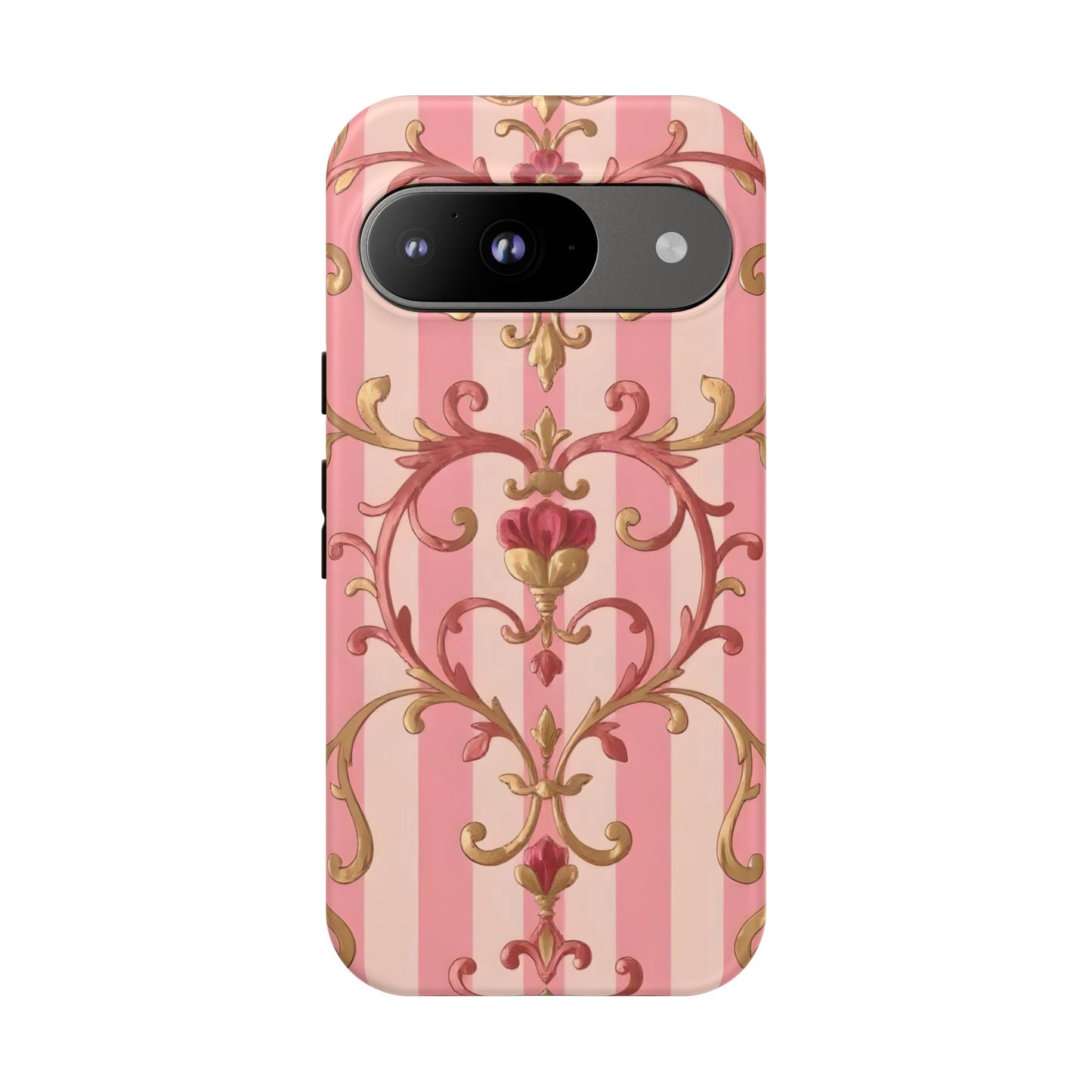 Elegant Floral Motif Phone Case - Tough Cases with Vintage Design - Pink Striped Rose Gold Damask