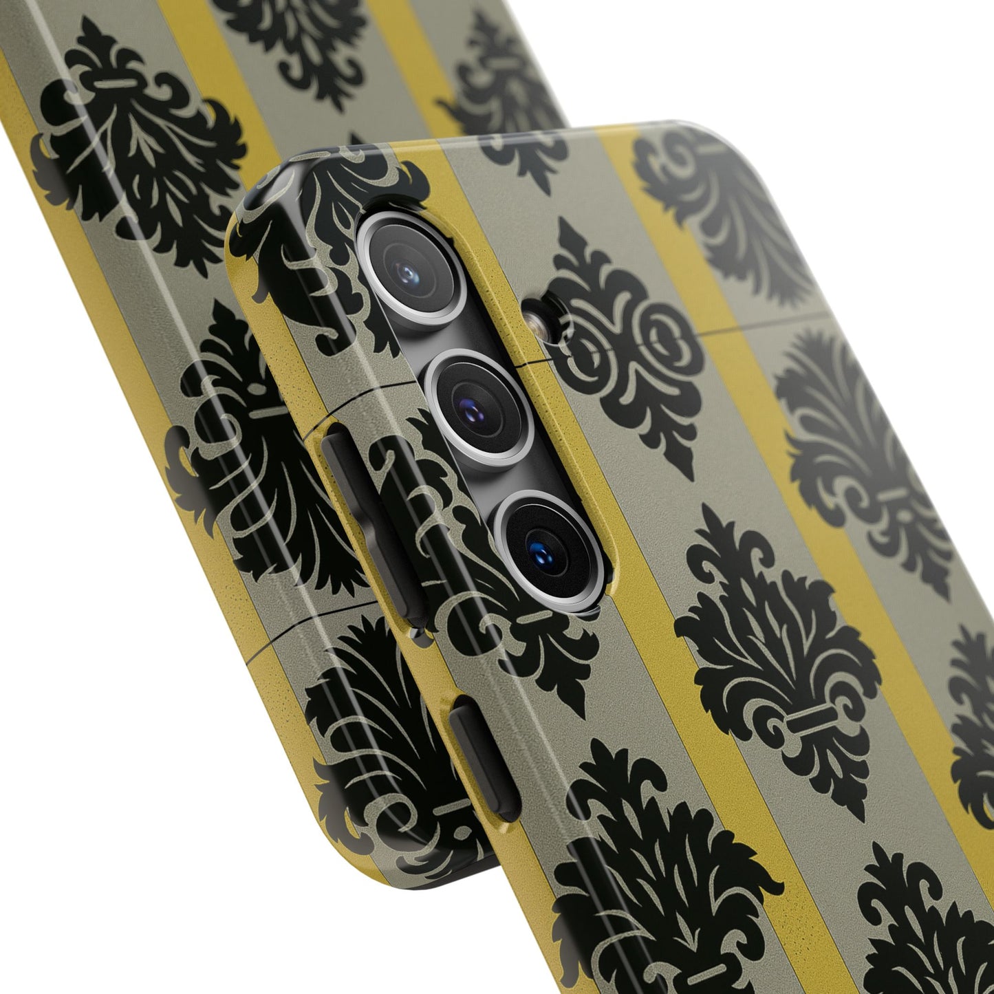 Elegant Baroque Tough Phone Cases | Chic Phone Protection | Gift for Her | Stylish Accessory | Holiday Gift Idea | Silver & Gold Striped Black Baroque