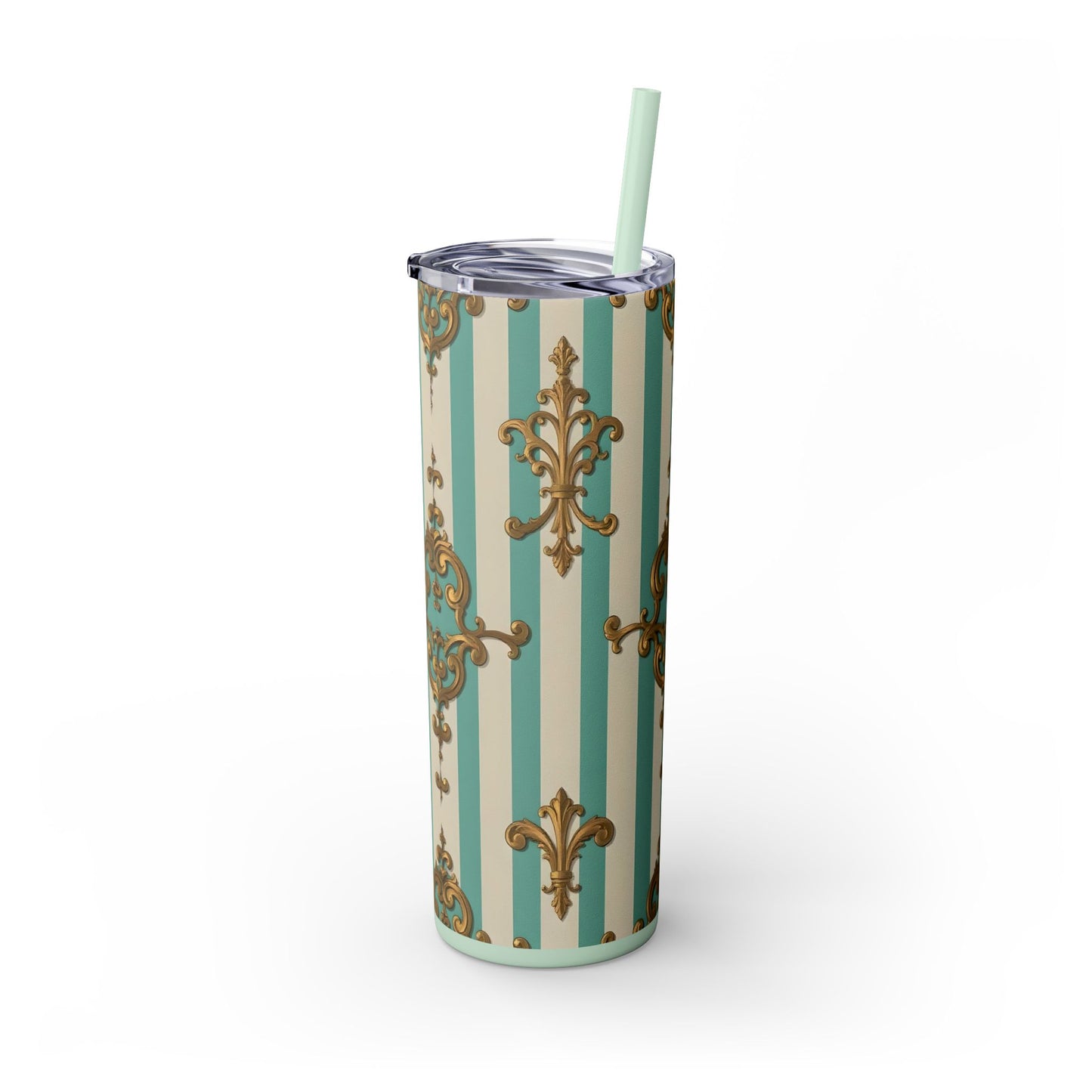 Elegant Vintage Skinny Tumbler with Straw, 20oz, Stylish Drinkware, Perfect Gift for Home, Coffee Lovers - Matte Green Striped Rococo