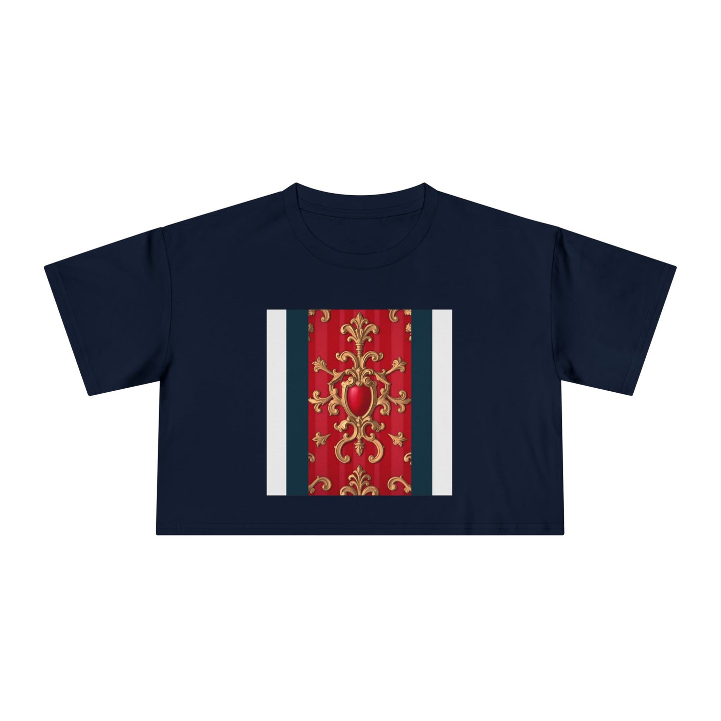 Women's Vintage Floral Crop Tee, Casual Summer Top, Bohemian Fashion, Trendy T-Shirt, Vacation Outfit - Blue, Red & White Striped Baroque