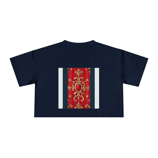 Women's Vintage Floral Crop Tee, Casual Summer Top, Bohemian Fashion, Trendy T-Shirt, Vacation Outfit - Blue, Red & White Striped Baroque