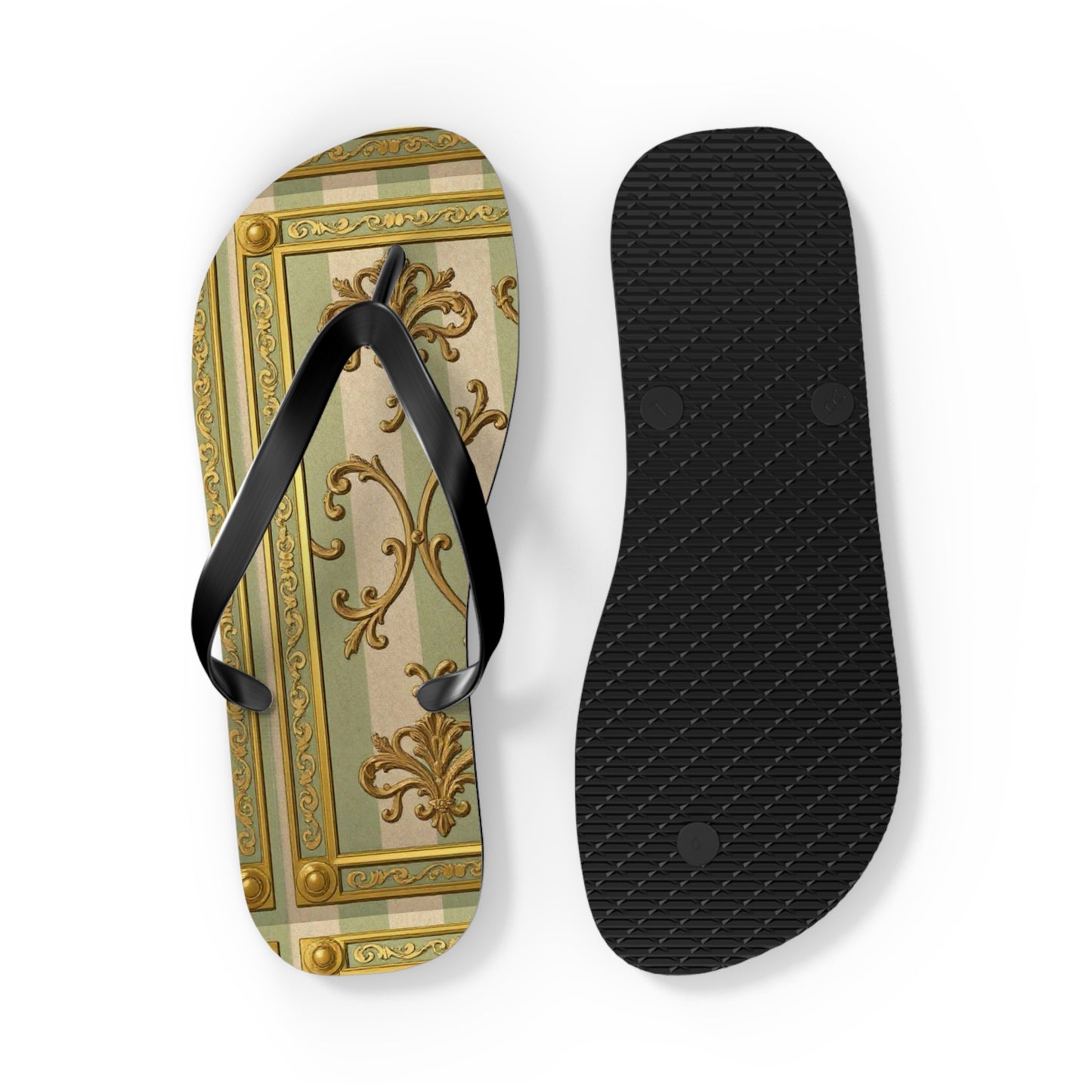Elegant Floral Flip Flops for Summer, Beach Footwear, Stylish Sandals, Vacation Essentials, Outdoor Slip-On Shoes - Mint & Beige Striped Gold Baroque