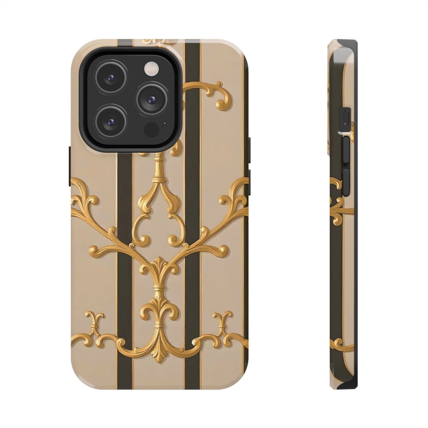 Elegant Vintage Tough Phone Case, Stylish Phone Cover, Boho Accessories, Perfect Gift for Her - Beige Striped Gold Rococo