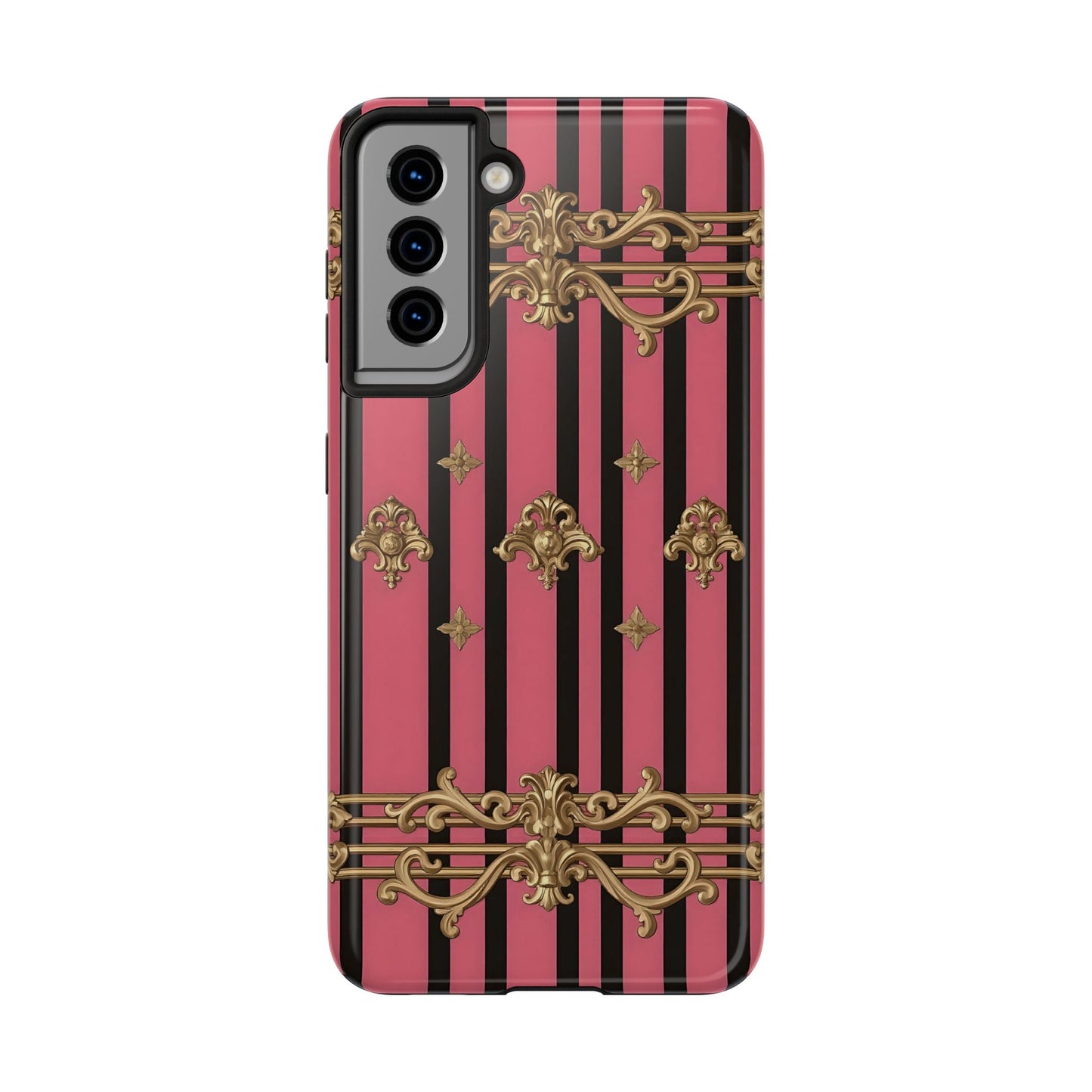 Elegant Floral Phone Cases, Stylish Protective Case for Trendy Individuals, Unique Gift for Tech Lovers, Phone Accessories - Pink Striped Gold Rococo