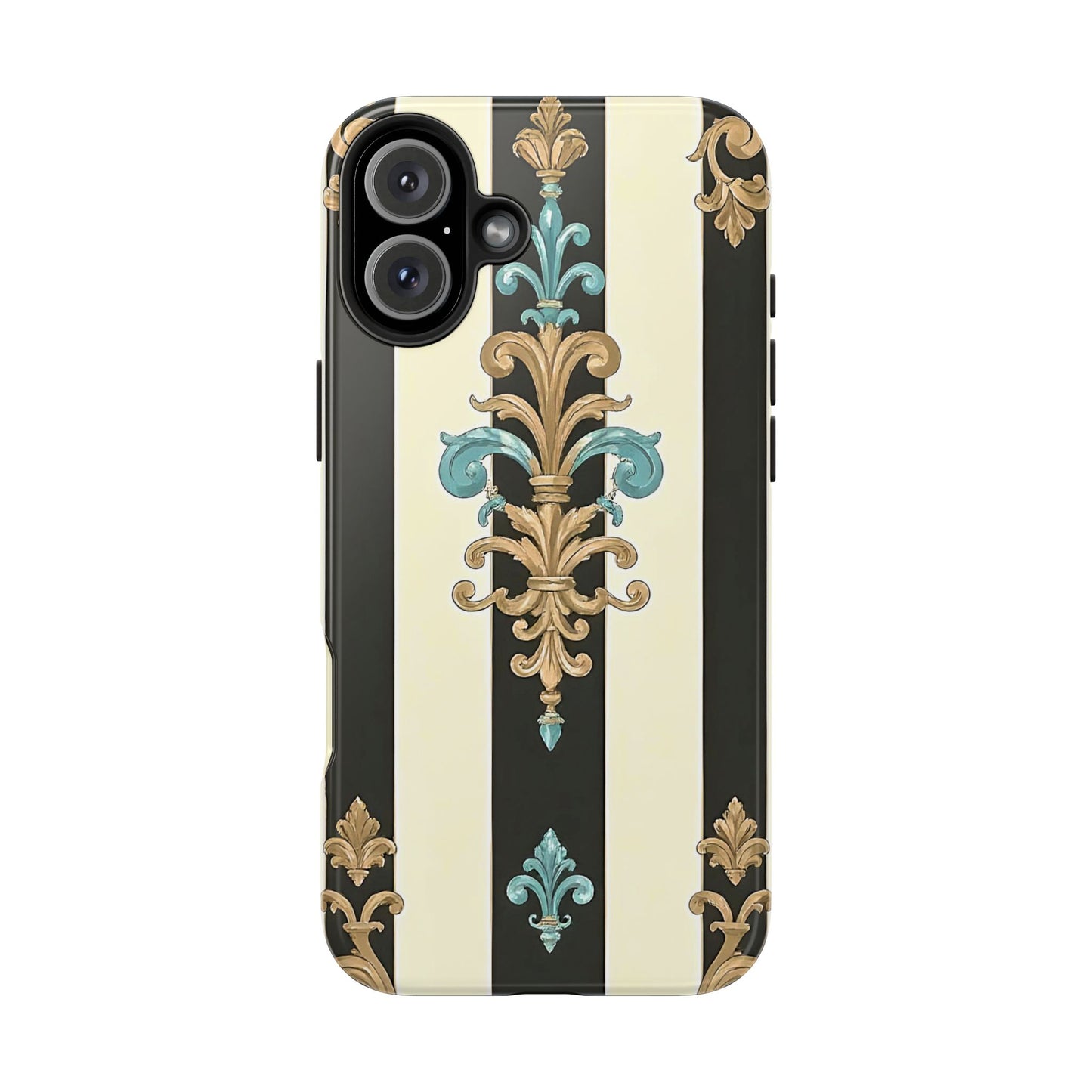 Elegant Vintage Tough Phone Cases, Stylish Phone Accessories, Quality Protection, Gifts for Her - Black Striped Turquoise & Black Rococo