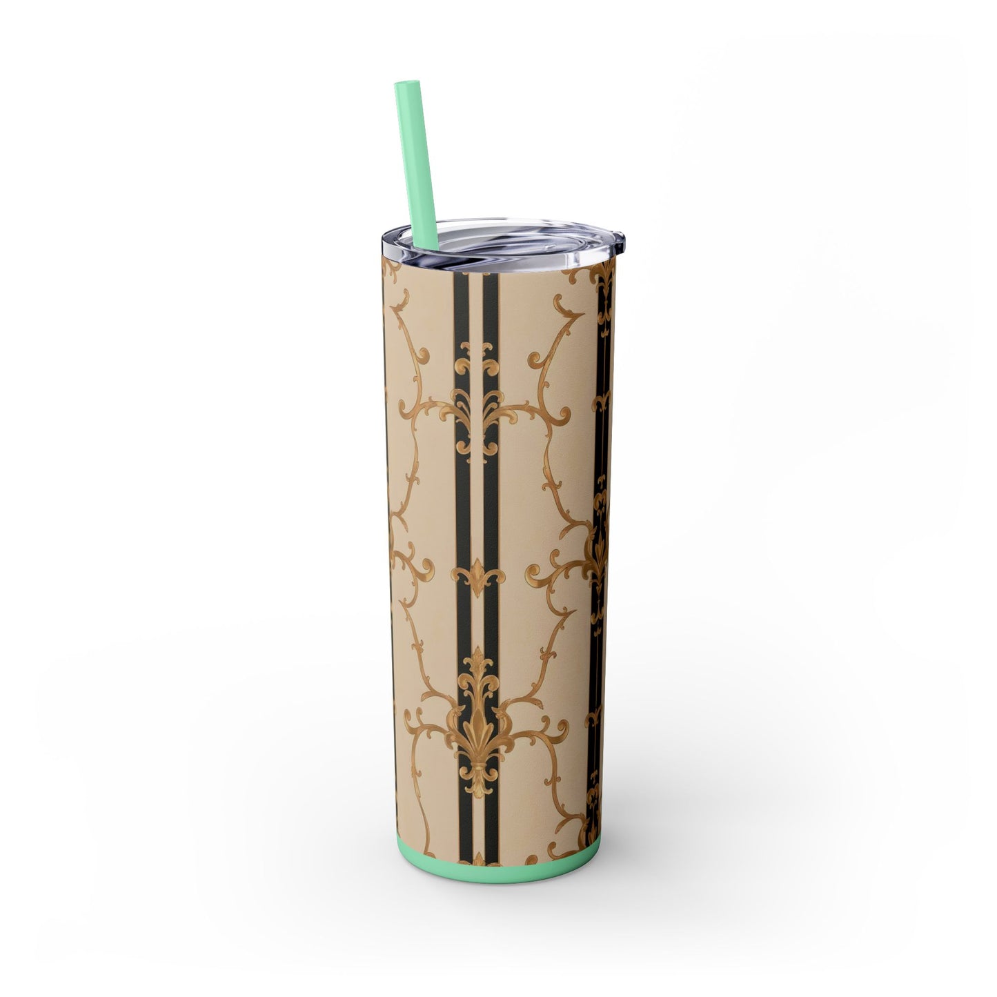 Elegant Gold Patterned Skinny Tumbler with Straw, 20oz | Stylish Travel Mug, Gift for Her, Fancy Drinkware - Black & Beige Striped Damask