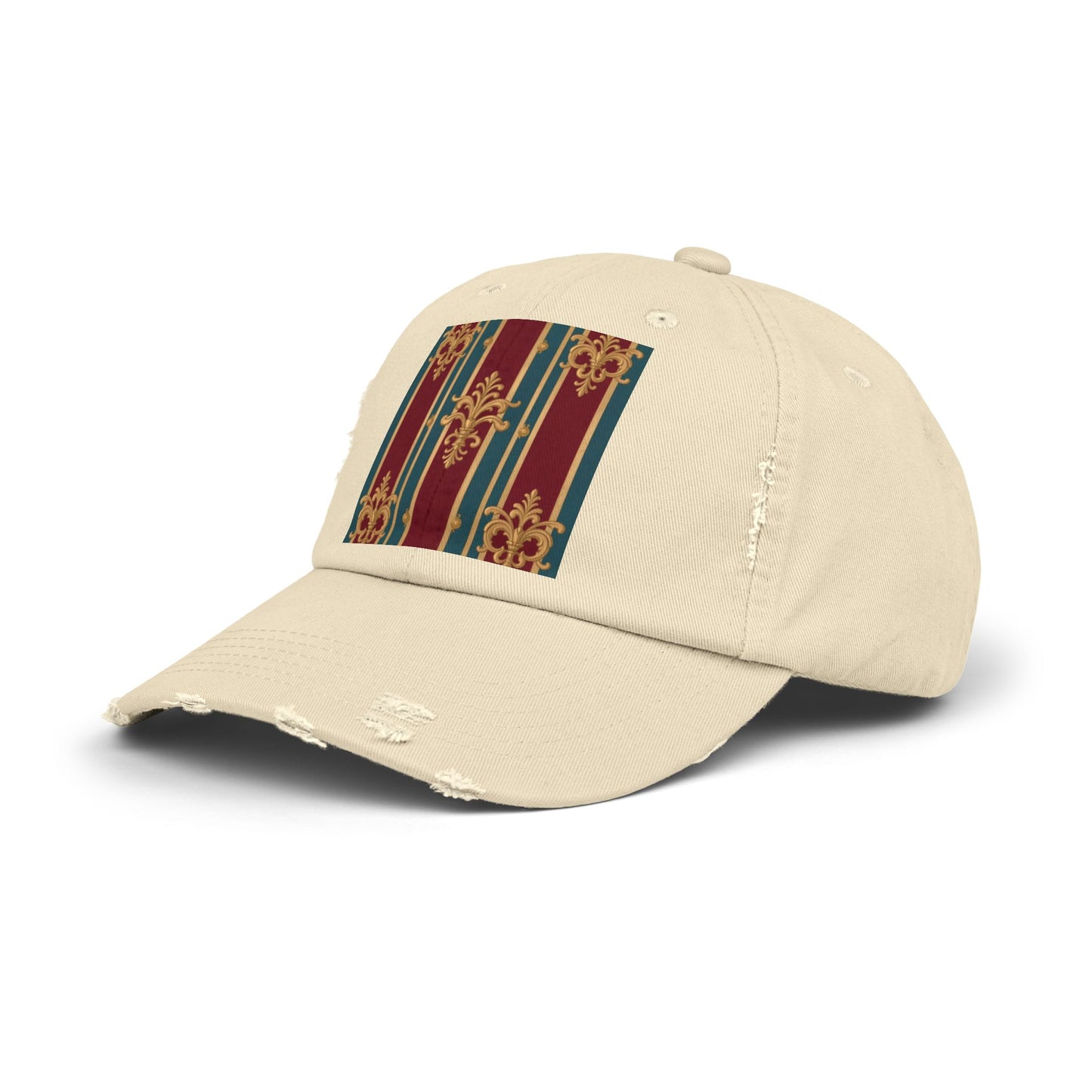 Stylish Unisex Distressed Cap with Vintage Striped Design, Casual Wear, Outdoor Activities, Gift for Him/Her - Burgundy Striped Gold Baroque