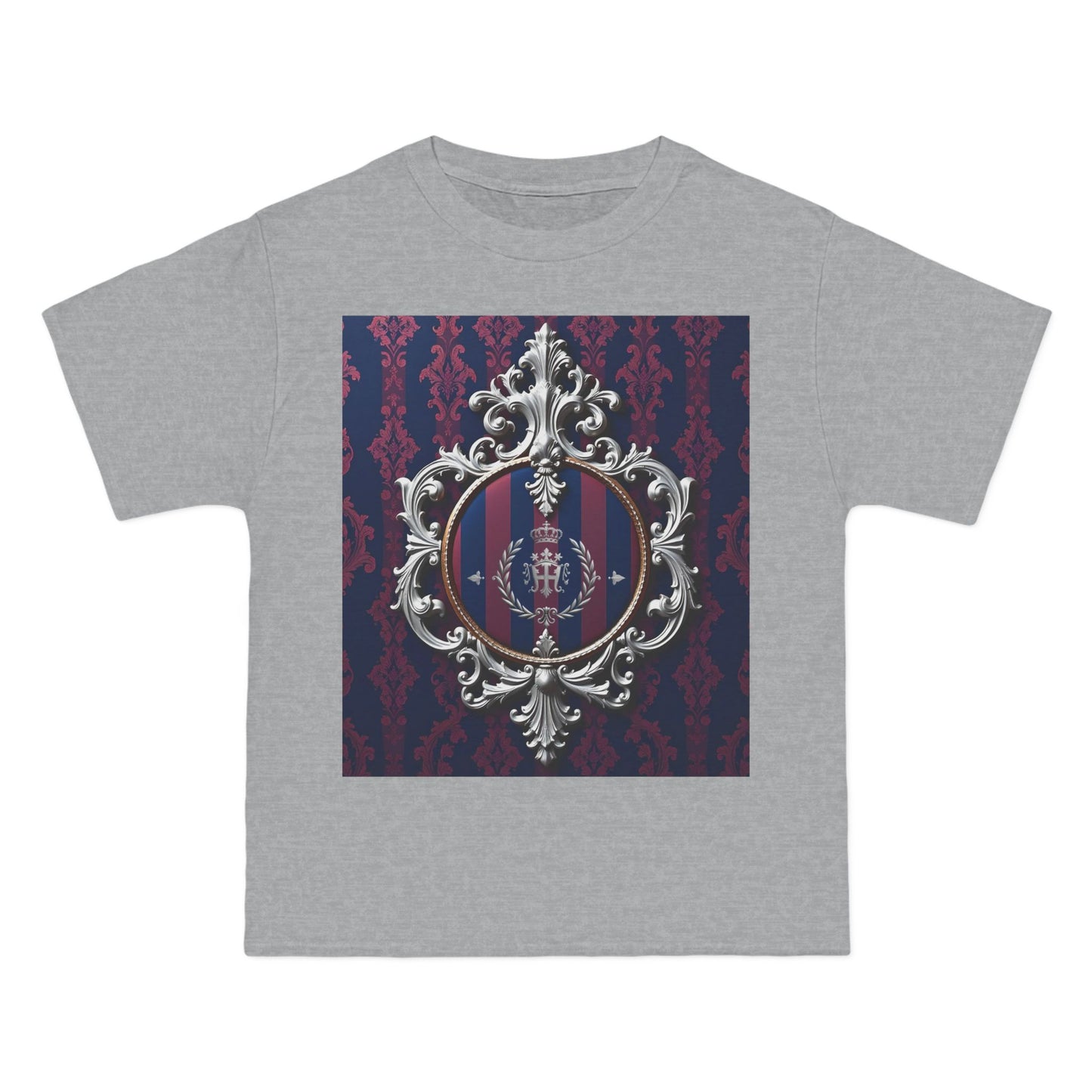 Elegant Unisex Graphic T-Shirt - Vintage Inspired, Casual Wear, Unique Gift, Art Tee, Fashion Statement - Blue & Plum Striped Silver Crest