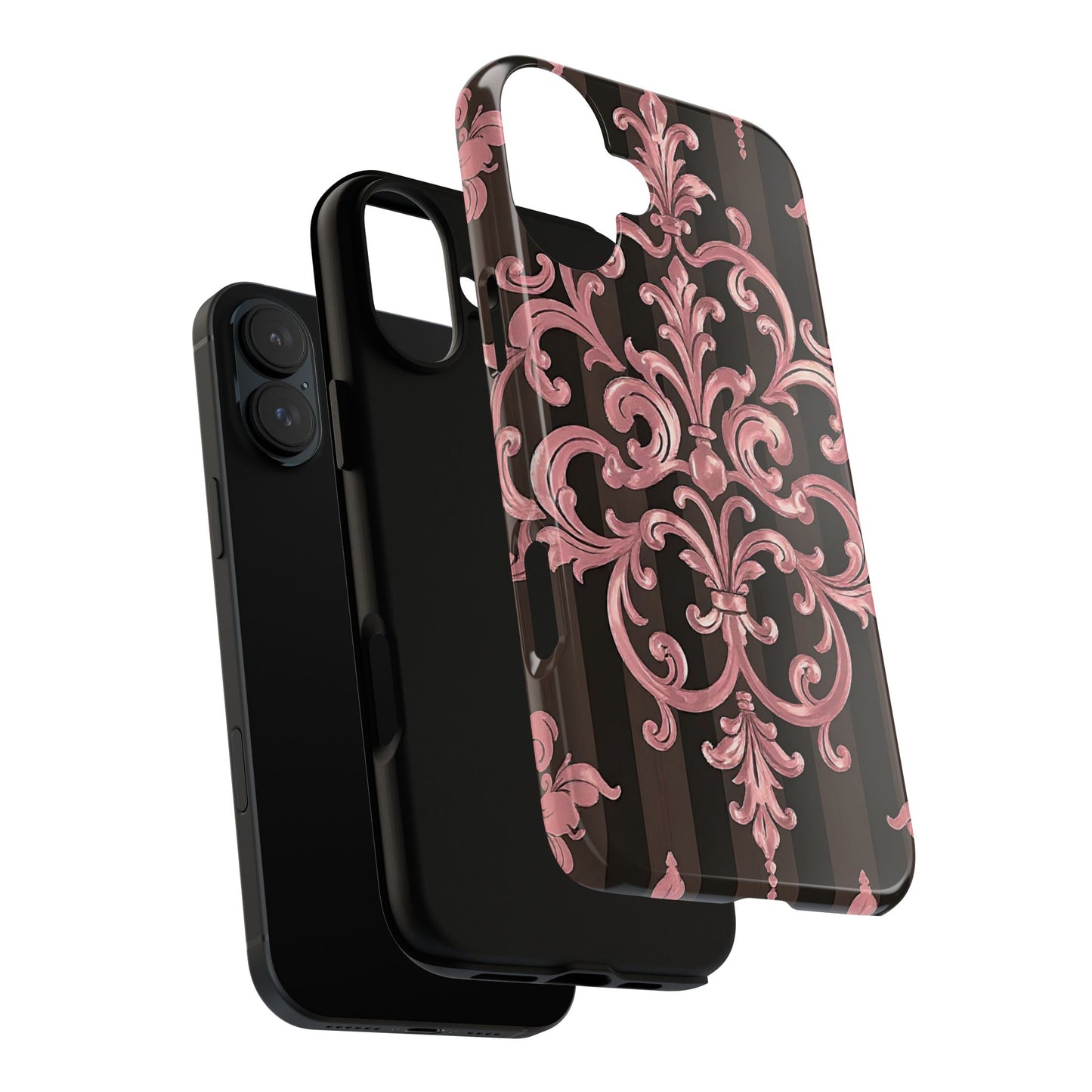 Elegant Floral Motif Phone Case - Tough Cases with Vintage Design - Brown Striped Mauve Damask