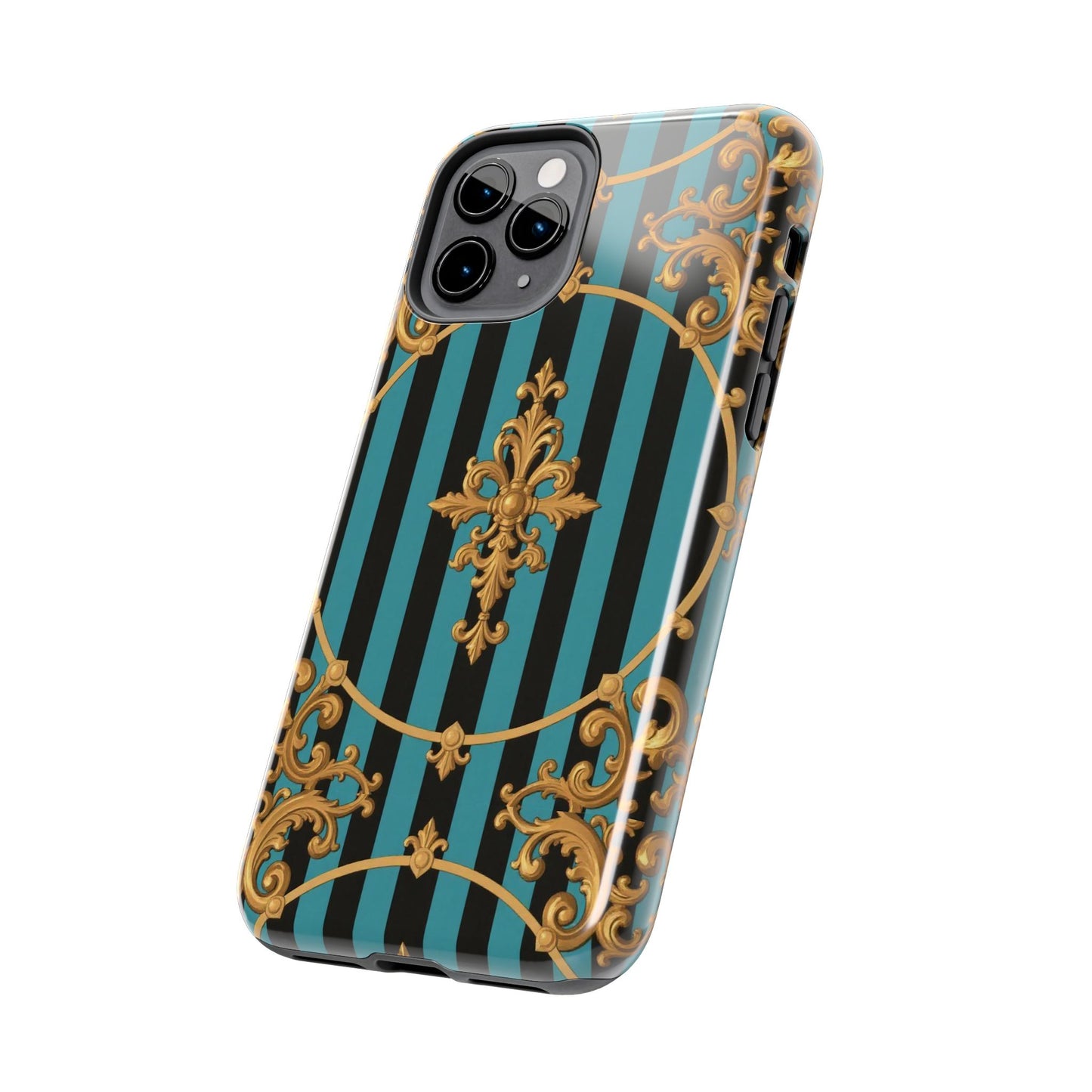 Elegant Turquoise & Black Striped Gold Baroque Phone Case, Tough Phone Cases for Fashion Lovers, Gift for Her, Luxury Accessories