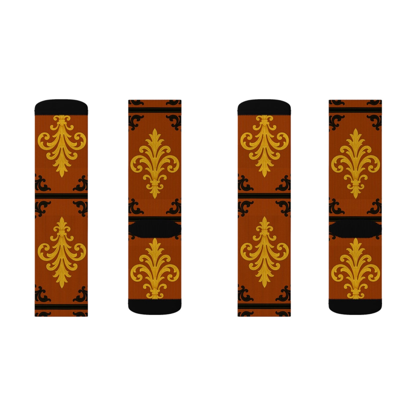 Dusk Terracotta Baroque Sublimation Socks — Vintage Terracotta & Gold Patterned Crew Socks