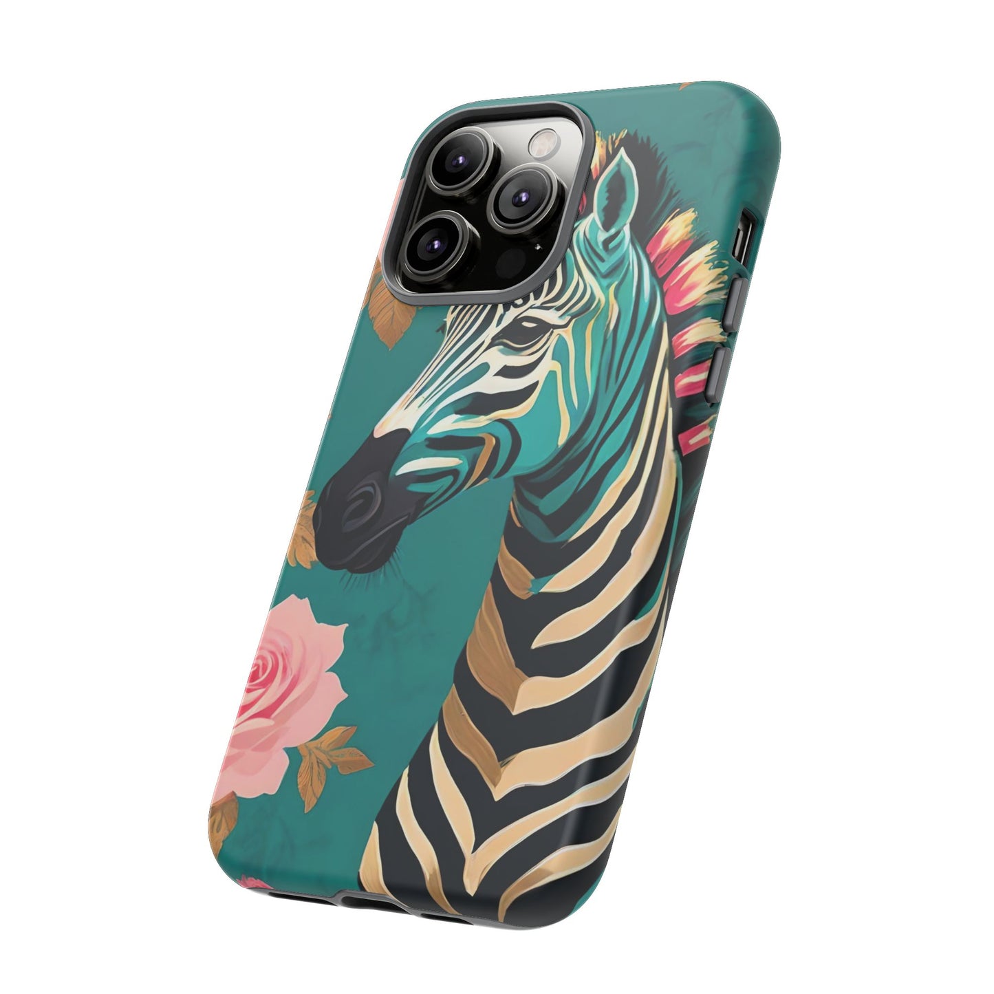 Phone Case - Elegant Teal & Gold Zebra & Roses Design