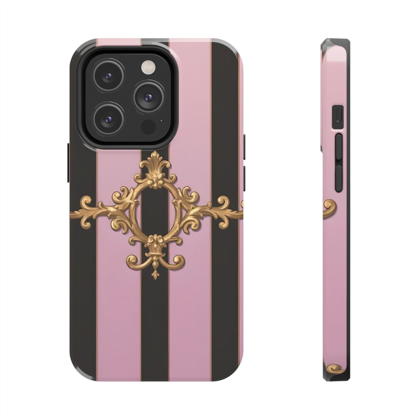 Stylish Tough Phone Case for Elegant Protection, Fashionable Accessories, Smartphone Cover - Matte Lavender & Black Striped Gold Baroque