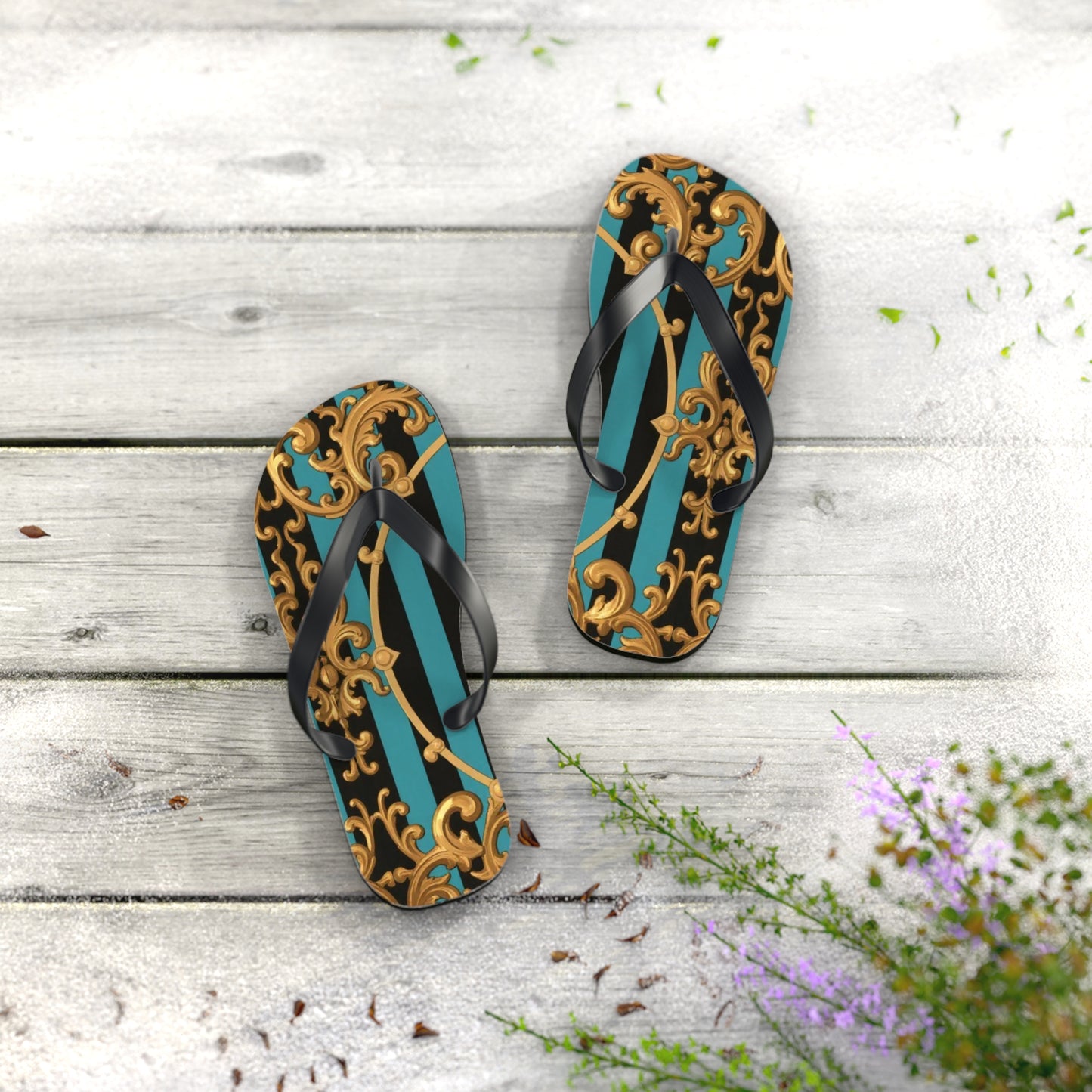 Elegant Turquoise & Black Striped Gold Baroque Patterned Flip Flops for Beach, Summer Vibes, Vacation Essentials, Stylish Footwear