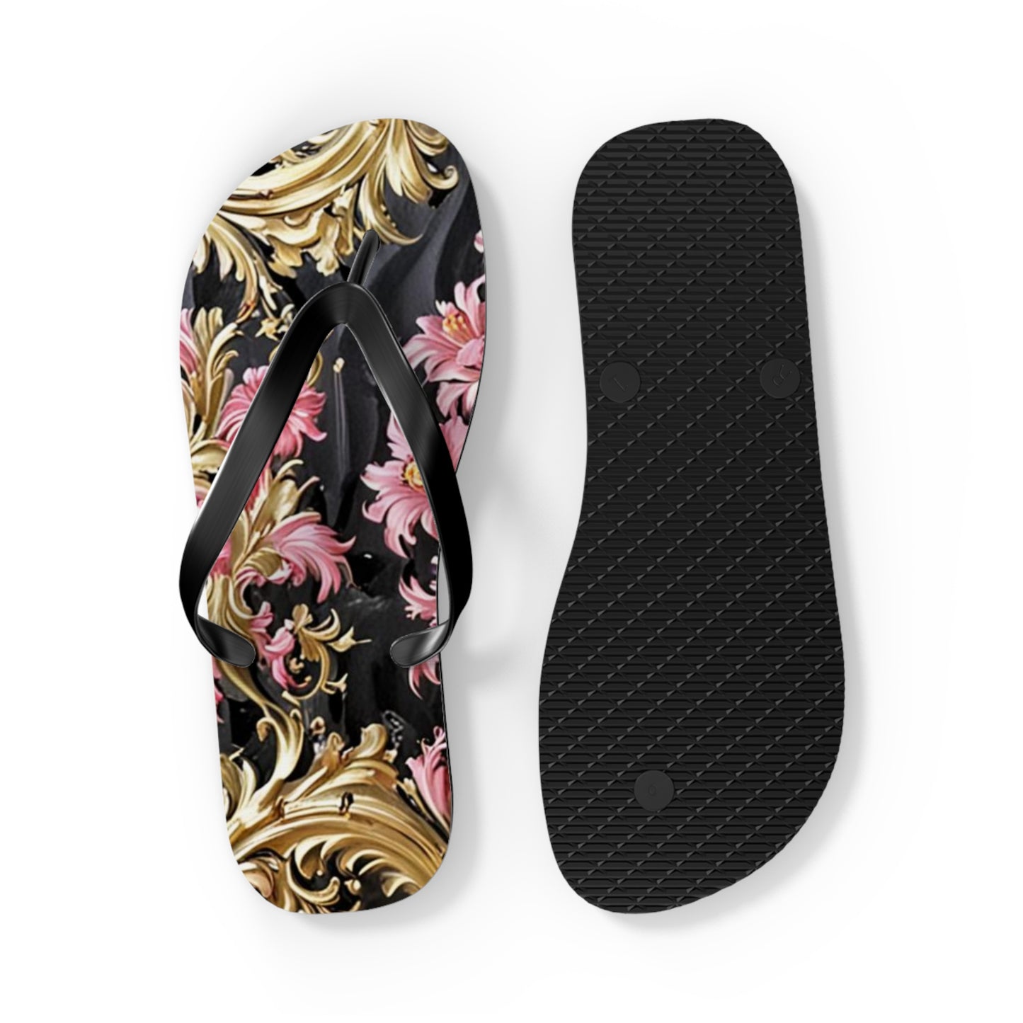 Elegant Floral Flip Flops - Summer Footwear, Beach Sandals, Vacation Accessories, Travel Essentials - Black & Pink Oil Painting Style Rococo
