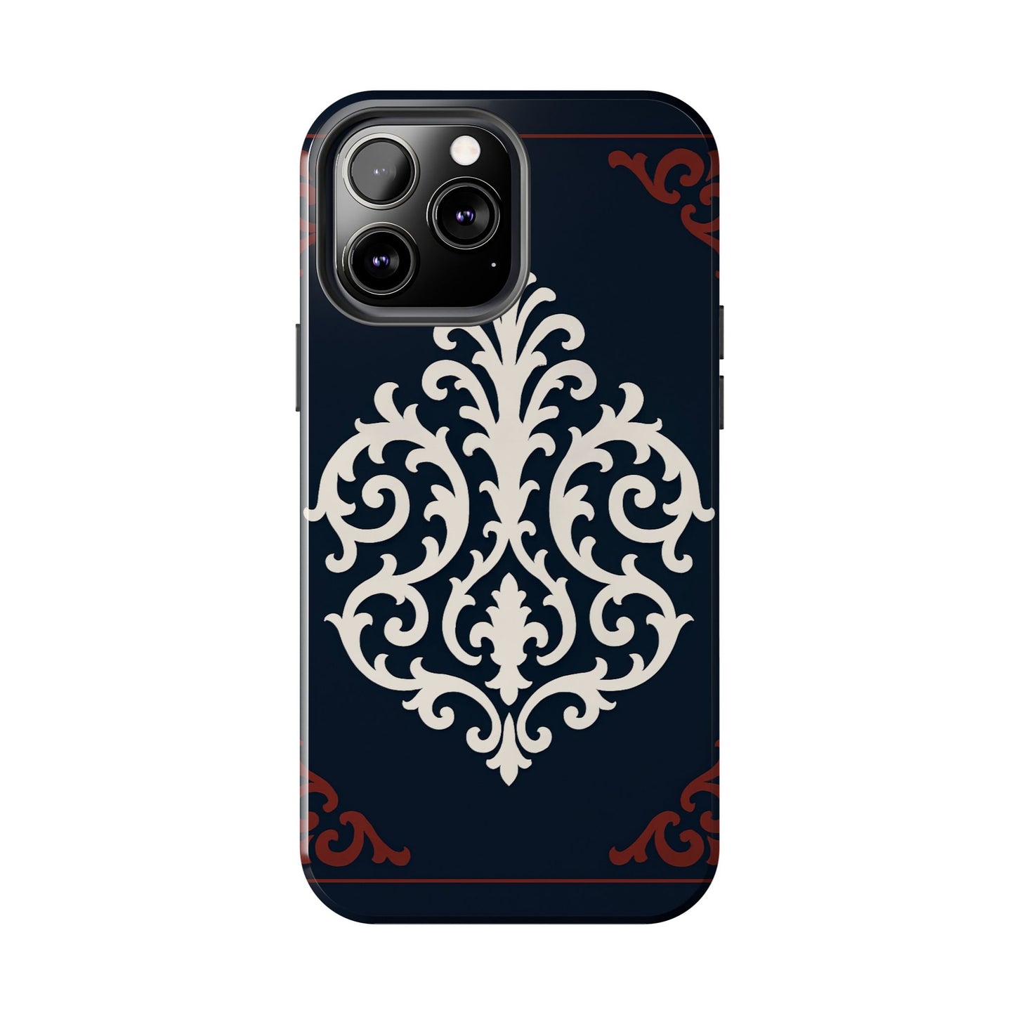 Dusk Blue-Maroon & White Baroque Tough Phone Case — Vintage Scroll Design