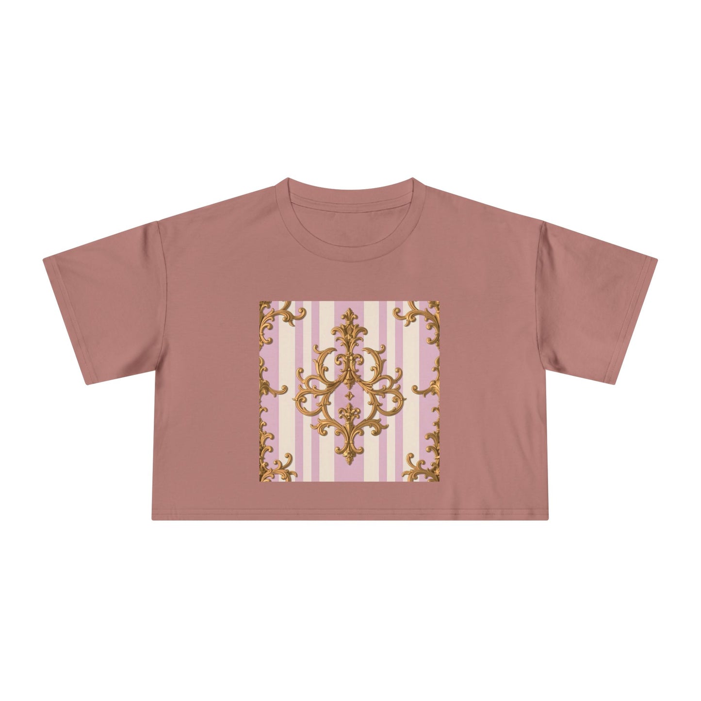 Chic Women's Crop Tee with Elegant Pink and Gold Design, Fashion Tee, Summer Style, Gift for Her - Lilac & Alabaster Striped Gold Baroque