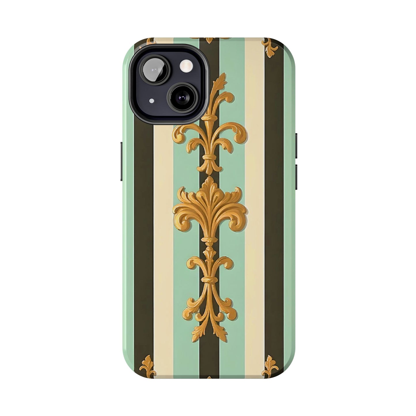 Elegant Floral Tough Phone Cases - Stylish Protection for All Occasions, Gifts for Her, Phone Covers - Black & Matte Mint Striped Rococo