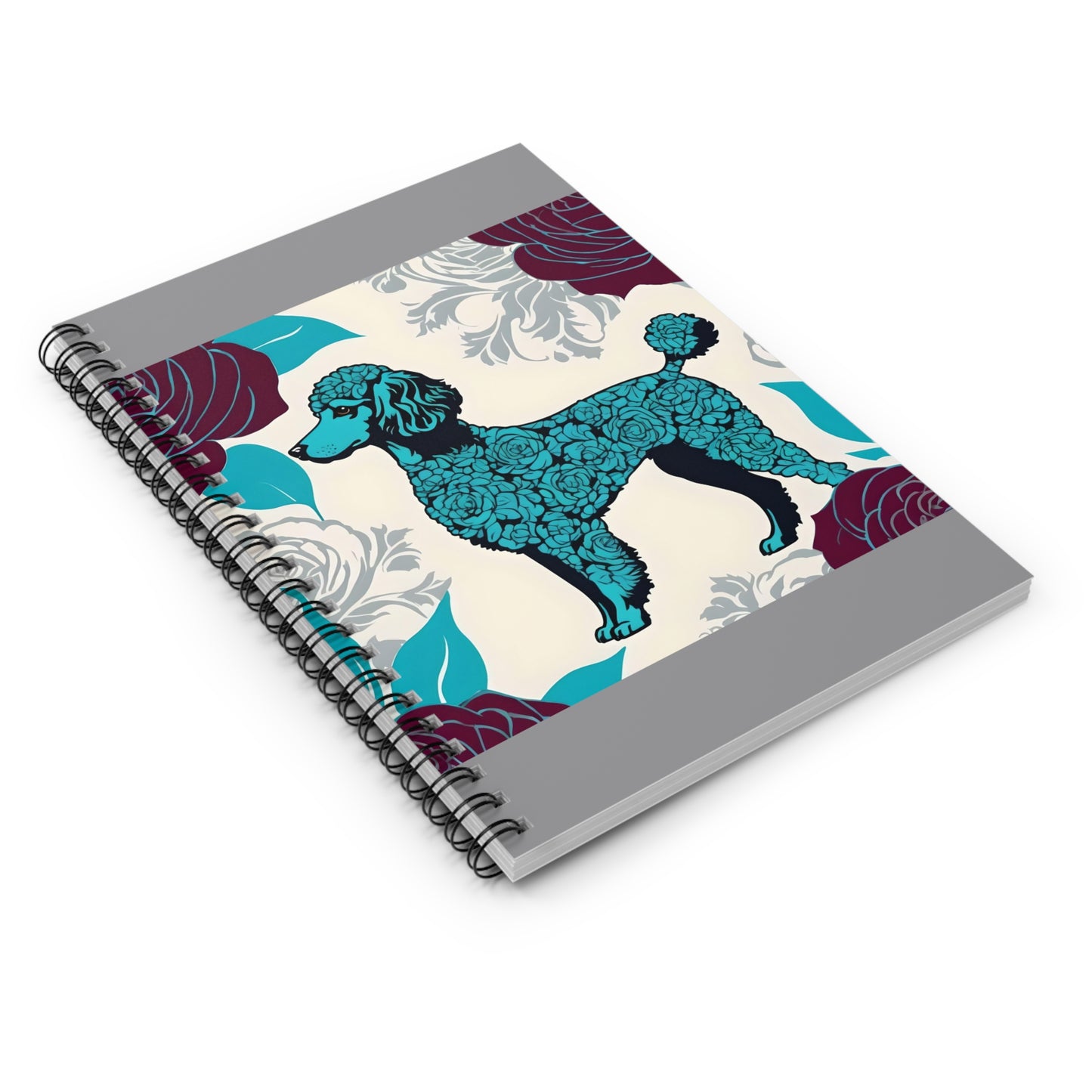 Elegant Vintage Spiral Notebook - Ruled Line with Rose Inspired Turquoise Poodle With Burgundy Roses