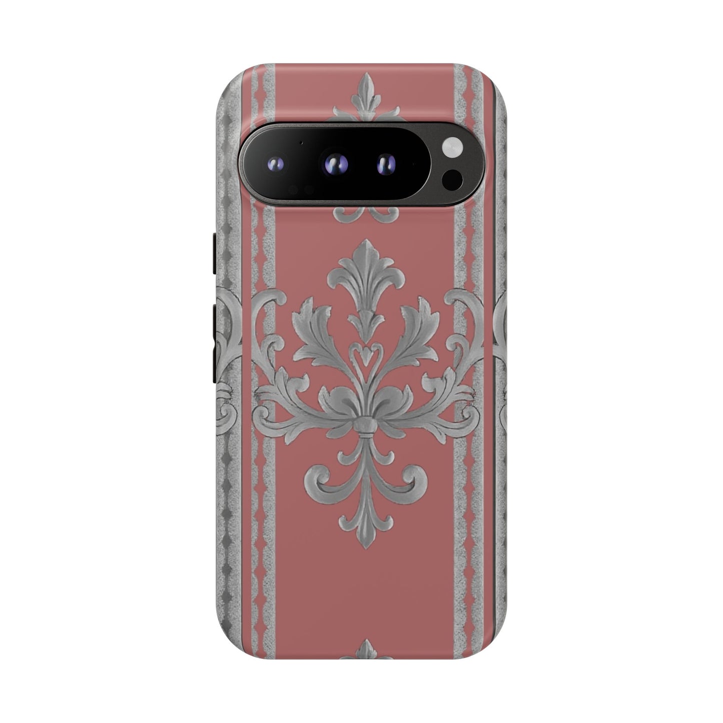 Elegant Floral Phone Case - Tough Cases for Stylish Protection - Gray & Mauve Striped Baroque