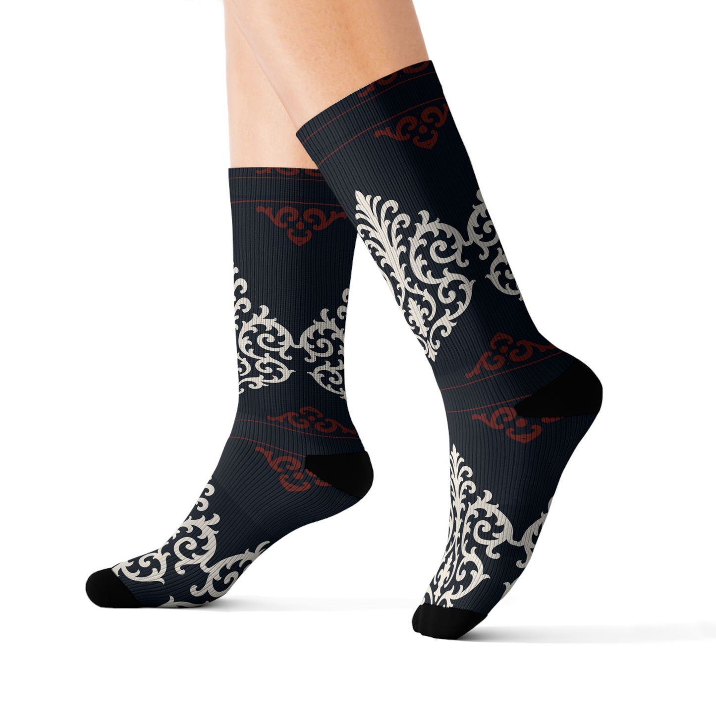 Dusk Blue-Maroon & White Baroque Pattern Sublimation Socks — Dusk Blue & White Ornate Crew Socks