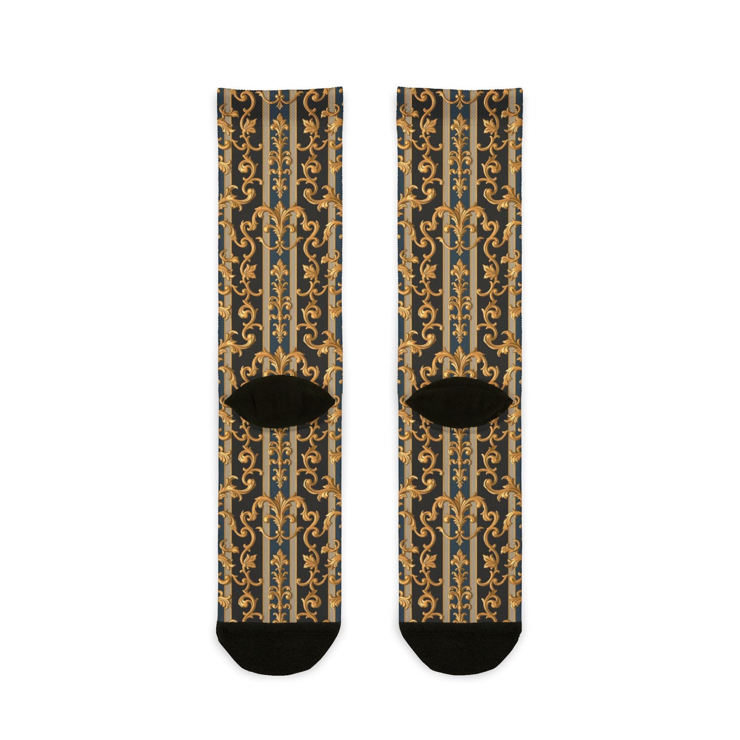 Stylish Patterned Crew Socks - Fashionable Fun Footwear, Great for Gifting, Casual Wear, Holidays, Weddings - Blue & Black Striped Rococo