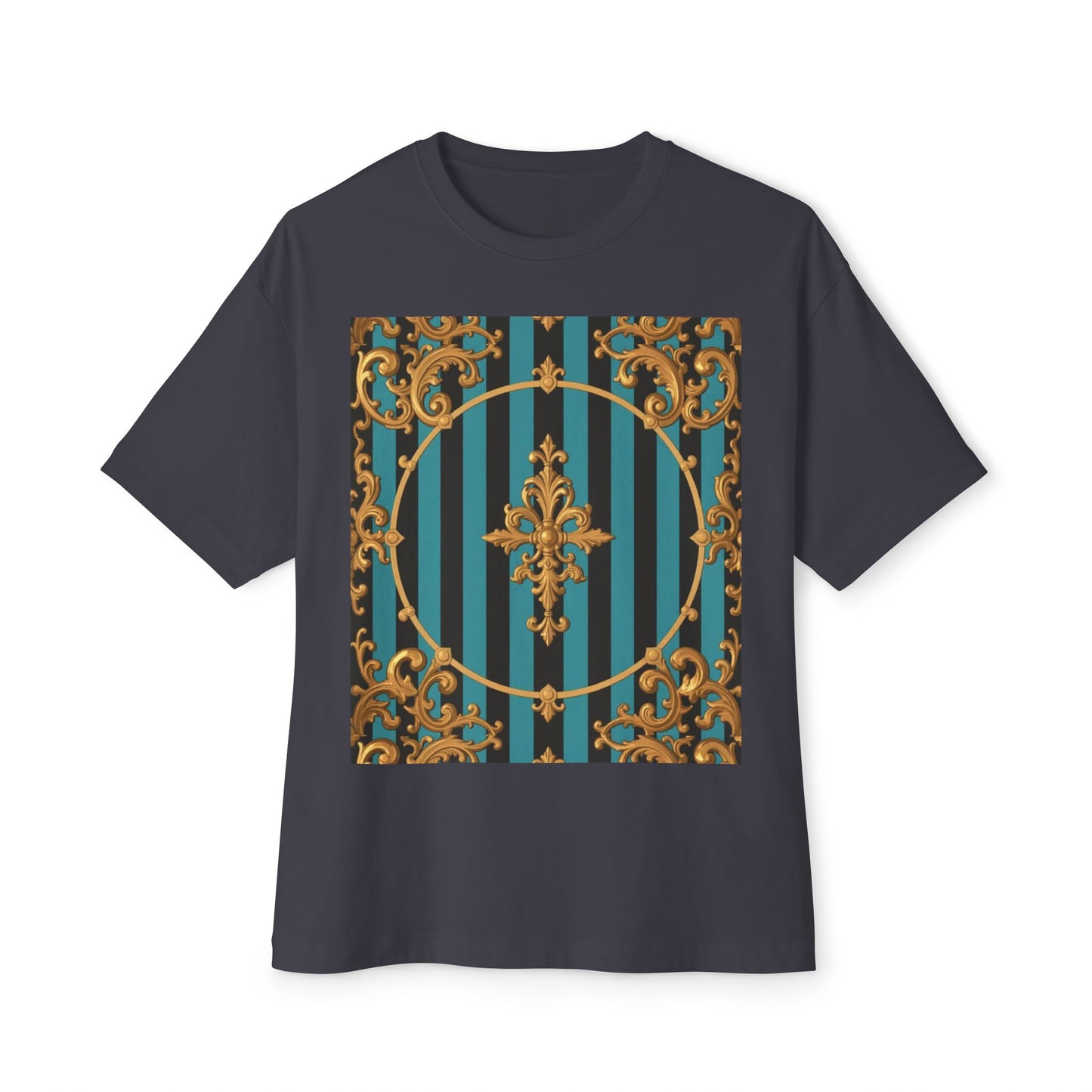 Stylish Turquoise & Black Striped Gold Baroque Unisex Oversized Boxy Tee, Retro Graphic Shirt, Casual Wear, Trendy Fashion, Unique Gift Idea
