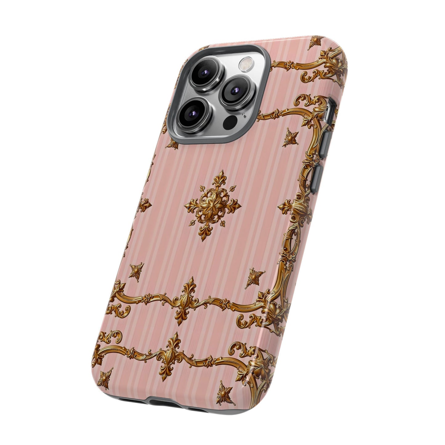 Elegant Floral Phone Case, Tough Cases for Women, Trendy Phone Cover, Chic Gift - Pink Striped Gold Baroque