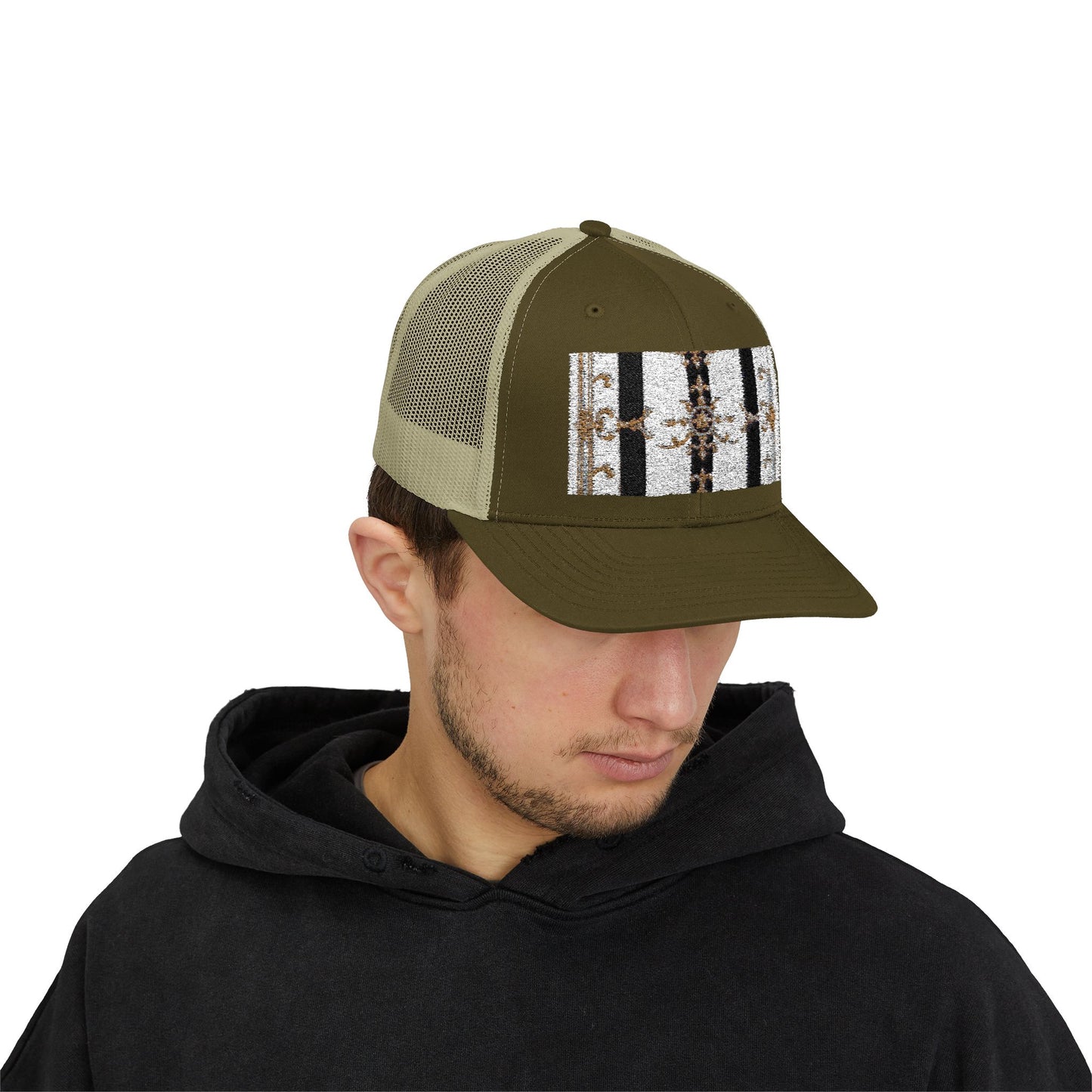 Trendy Snapback Trucker Cap, Casual Fashion Hat, Summer Accessory, Gift Idea for Cool Teens, Outdoor Activities - Black & White Striped Gold Baroque
