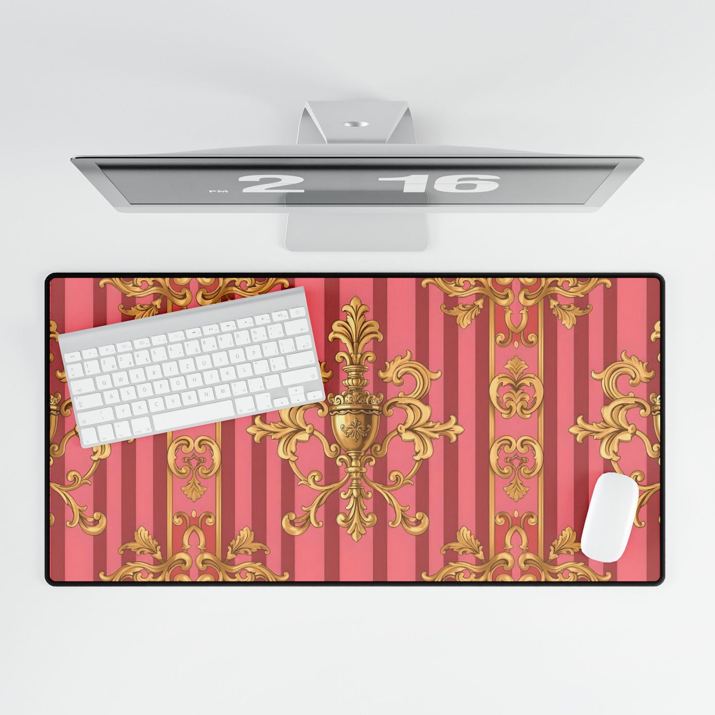 Elegant Desk Mat for Home Office, Stylish Desktop Organizer, Gift for Gamers, Computer Accessories - Pink Striped Gold Baroque