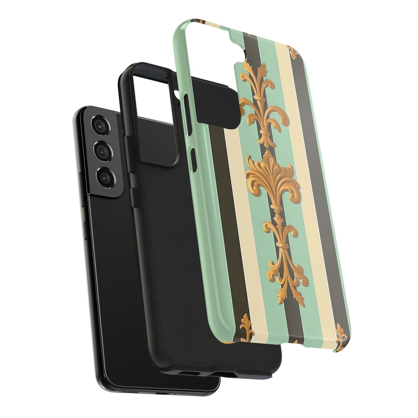 Elegant Floral Tough Phone Cases - Stylish Protection for All Occasions, Gifts for Her, Phone Covers - Black & Matte Mint Striped Rococo