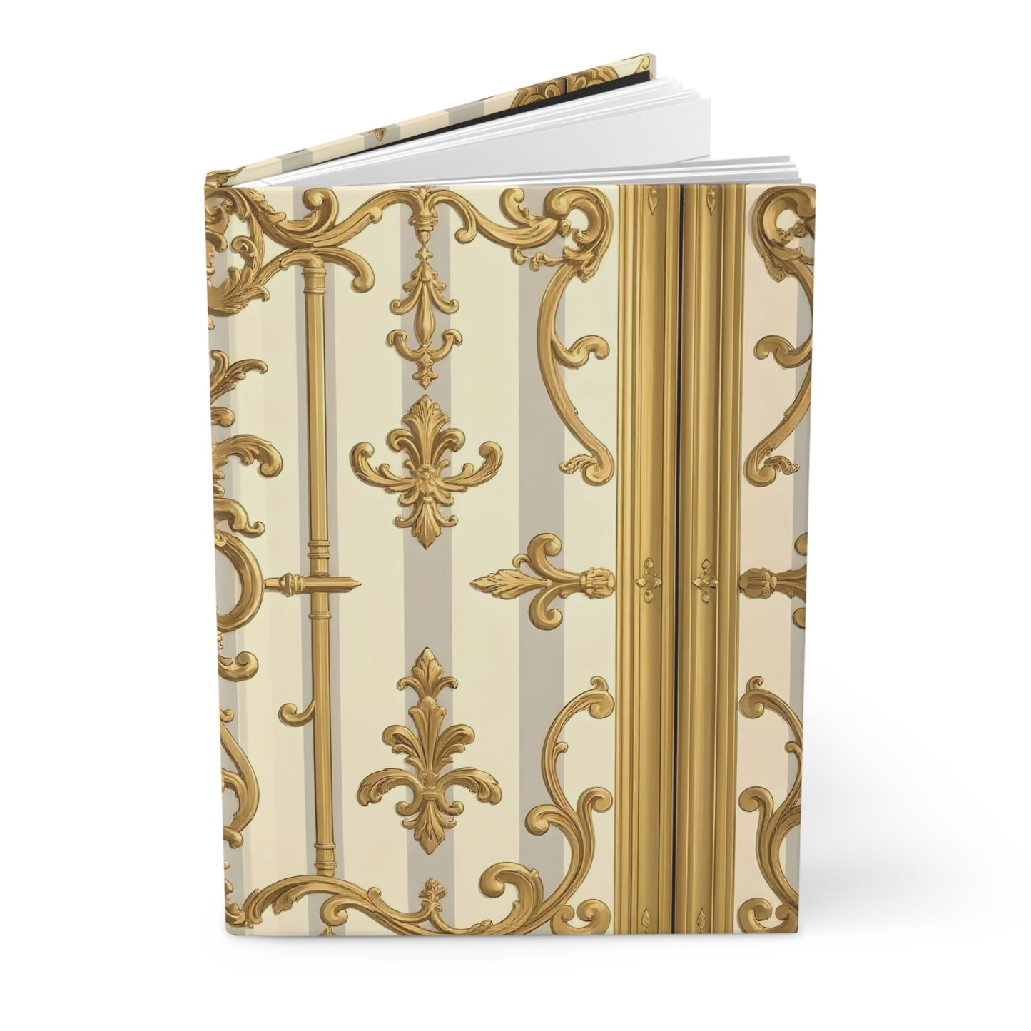 Elegant Vintage Hardcover Journal - Gold Baroque Design, Perfect for Writing, Journaling, Gifts - Matte Gray & Cream Striped Gold Baroque