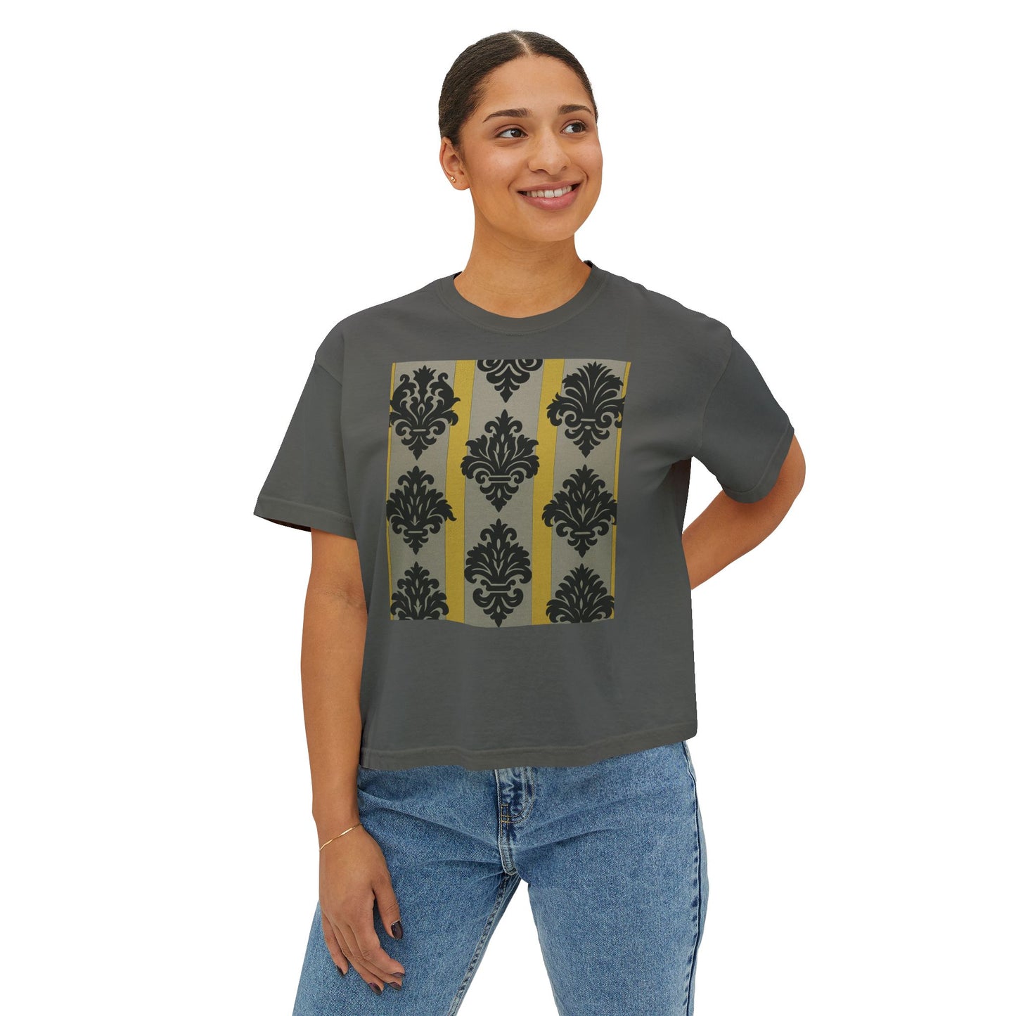 Chic Women's Boxy Tee - Stylish Casual Top, Vintage Graphic Tee, Trendy Summer Shirt, Gift for Her - Silver & Gold Striped Black Baroque