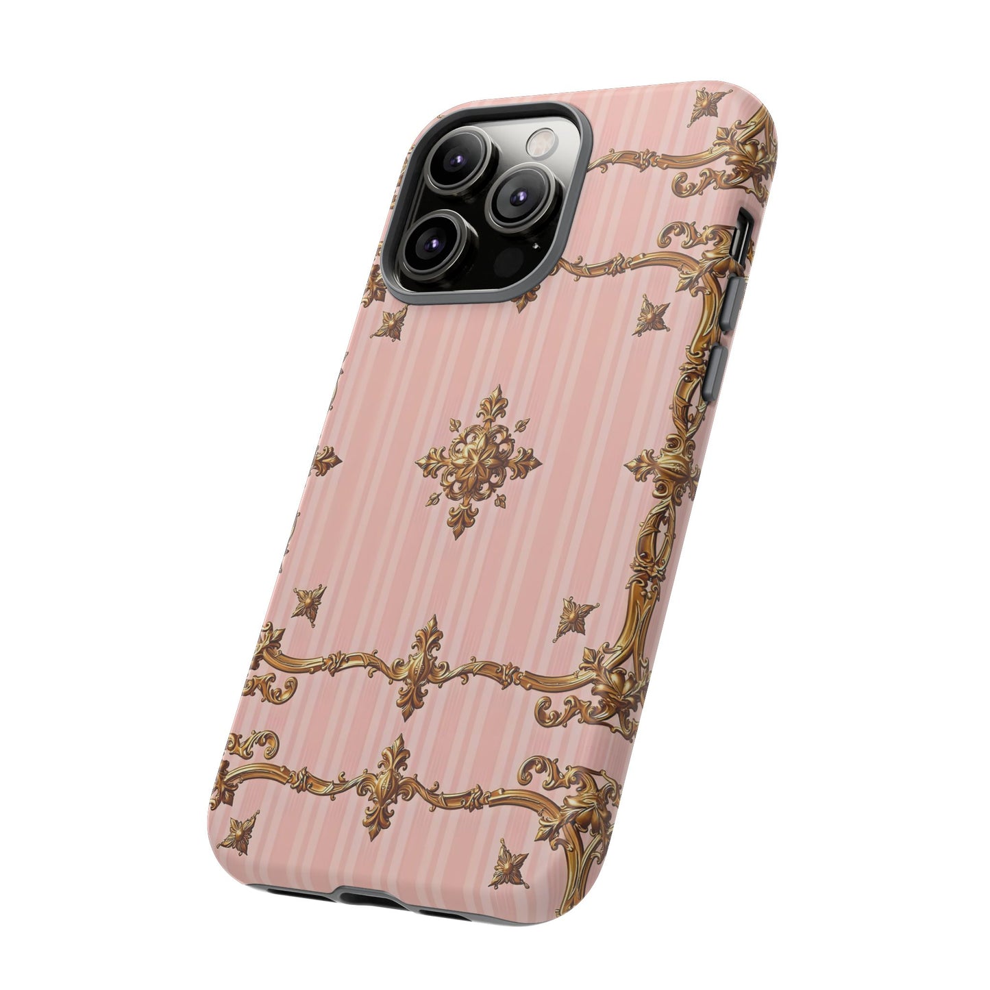 Elegant Floral Phone Case, Tough Cases for Women, Trendy Phone Cover, Chic Gift - Pink Striped Gold Baroque