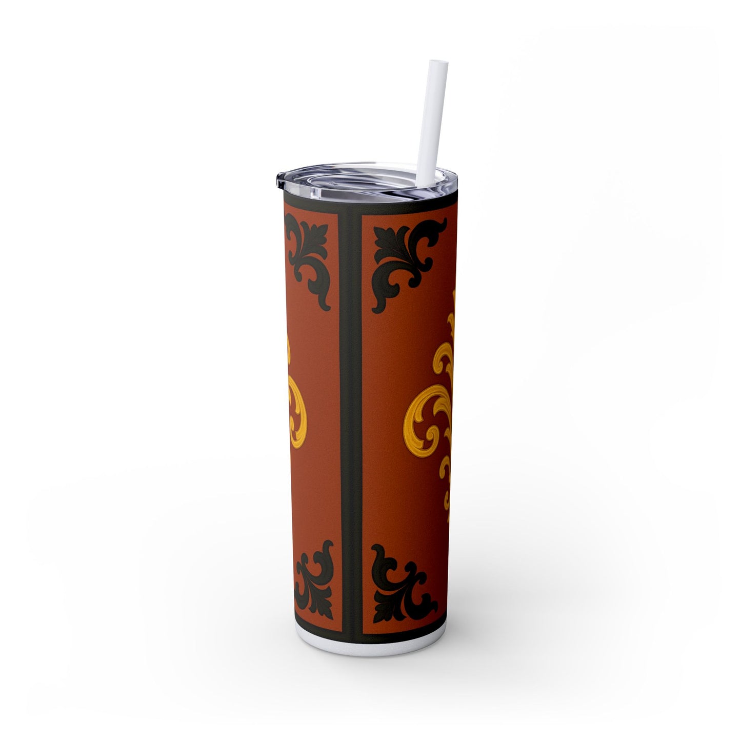 Dusk Terracotta Baroque 20oz Skinny Tumbler with Straw — Vintage Gold Baroque Design