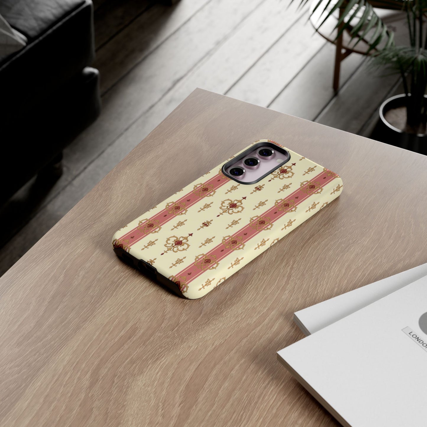 Elegant Floral Motif Phone Case - Tough Cases with Vintage Design - Mauve Striped Gold Damask