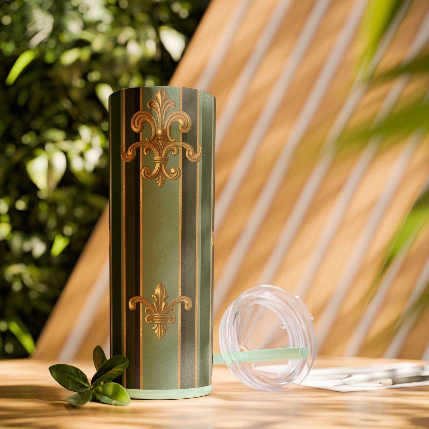 Elegant Green Striped Skinny Tumbler, 20oz Travel Mug, Reusable Cup, Perfect for Gifts, Parties, Home Decor - Green Striped Gold Baroque